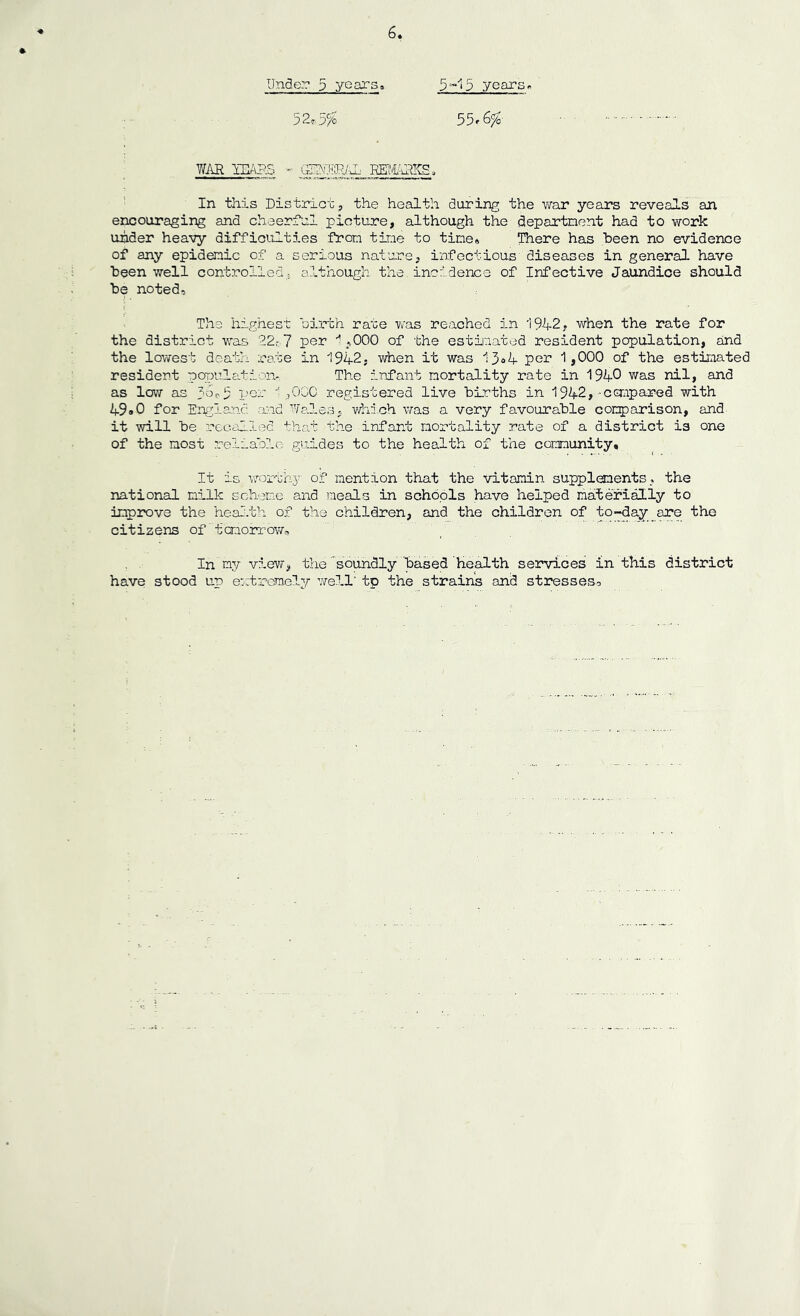 Under 3 years. 5 2.5^/0 Y/AR IHAPS In this District, the health during the v^rar years reveals an encouraging and cheerful picture, although the department had to work under heavy difficulties from time to time# There has been no evidence of any epidemic of a serious nature, infectious diseases in general have been well controlled,; although the incidence of Infective Jaundice should be noted, - The highest birth rate vv'as reached in 1942, when the rate for the district was 22:. 7 per ^,000 of the estiinated resident population, and the lowest deatla rate in 194-2, v/hen it was 13o4 per 1,000 of the estimated resident poryulcation.- The infant mortality rate in 1940 was nil, and as low as 3op9 per 1,0GC registered live births in 1942, ^co^ipared with 49»0 for England -ar-.id Wa.les, whi-ch was a very favourable comparison, and it will be recalled that the infant mortality rate of a district is one of the most reliable guides to the health of the community. It is -vTOr-bhy' of mention that the vitamin supplements, the national milk scheme and meals in schools have helped materially to improve the heal.th of the children, and the children of to-day are the citizens of tenorrow. In my view, the ’ soundily based health services in this district have stood up e:-;trcmely ’.veil' tp the strains and stresses. 5-15 years» 55r6^