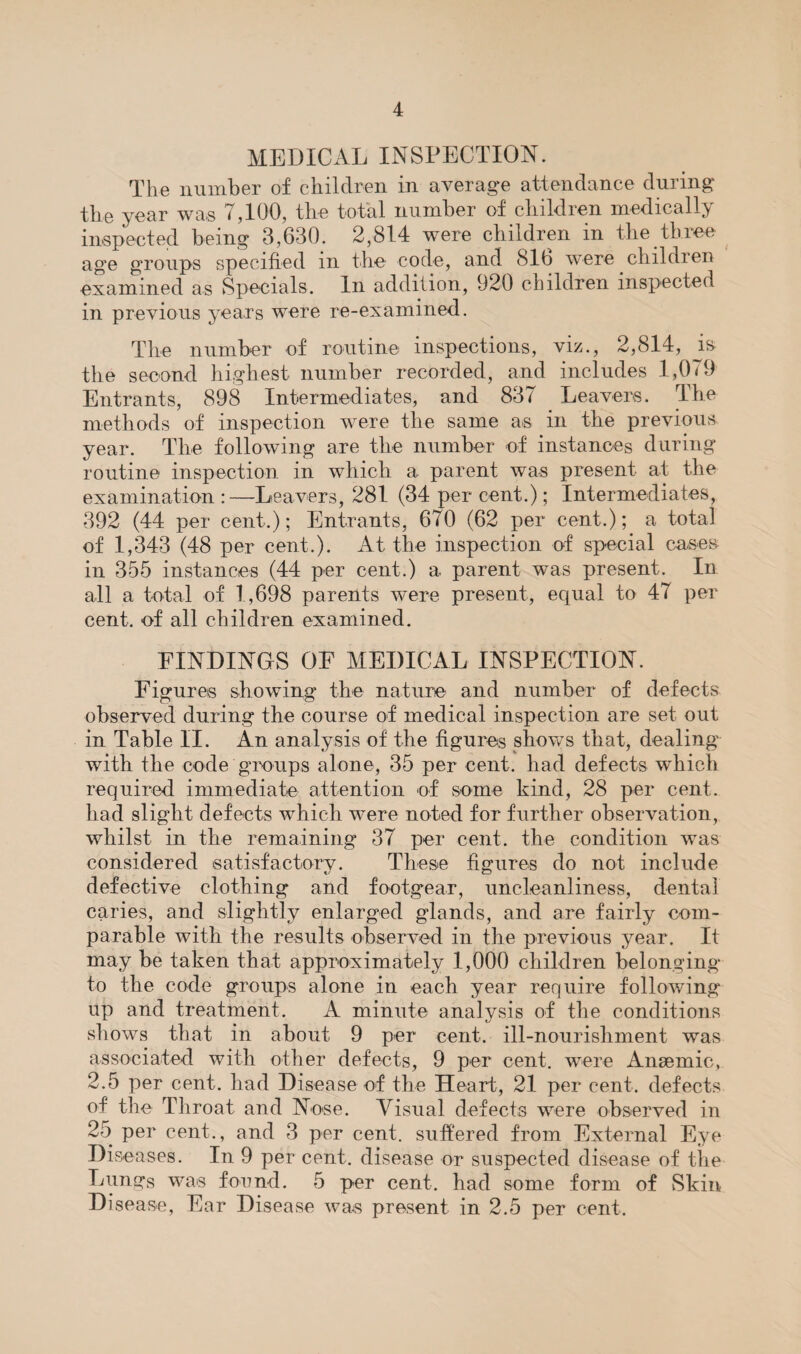 MEDICAL INSPECTION. The number of children in average attendance during the year was 7,100, the total number of children medically inspected being 3,630. 2,814 were children in the three age groups specified in the code, and 8Ib were children examined as Specials. In addition, 920 children inspected in previous years were re-examined. Tlie number of routine inspections, viz., 2,814, m the second highest number recorded, and includes 1,079 Entrants, 898 Intermediates, and 837 Leavers. The methods of inspection were the same as in the previous year. The following are the number of instances during routine inspection in which a parent was present at the examination :—Leavers, 281 (34 per cent.); Intermediates, 392 (44 per cent.); Entrants, 670 (62 per cent.); a total of 1,343 (48 per cent.). At the inspection of special copses in 355 instances (44 per cent.) a parent was present. In all a total of 1,698 parents were present, equal to 47 per cent, of all children examined. FINDINGS OF MEDICAL INSPECTION. Figures showing the nature and number of defects observed during the course of medical inspection are set out in Table II. An analysis of the figures shows that, dealing with the code groups alone, 35 per cent, had defects which required immediate attention of some kind, 28 per cent, had slight defects which were noted for further observation, whilst in the remaining 37 per cent, the condition was considered satisfactory. These figures do not include defective clothing and footgear, uncleanliness, dental caries, and slightly enlarged glands, and are fairly com¬ parable with the results observed in the previous year. It may be taken that approximately 1,000 children belonging to the code groups alone in each year require following up and treatment. A minute analysis of the conditions shows that in about 9 per cent, ill-nourishment was associated with other defects, 9 per cent, were Anaemic, 2.5 per cent, had Disease of the Heart, 21 per cent, defects of the Tliroat and Nose. Visual defects were observed in 25 per cent., and 3 per cent, suh'ered from External Eye Diseases. In 9 per cent, disease or suspected disease of the Lungs was found. 5 per cent, had some form of Skin Disease, Ear Disease was present in 2.5 per cent.