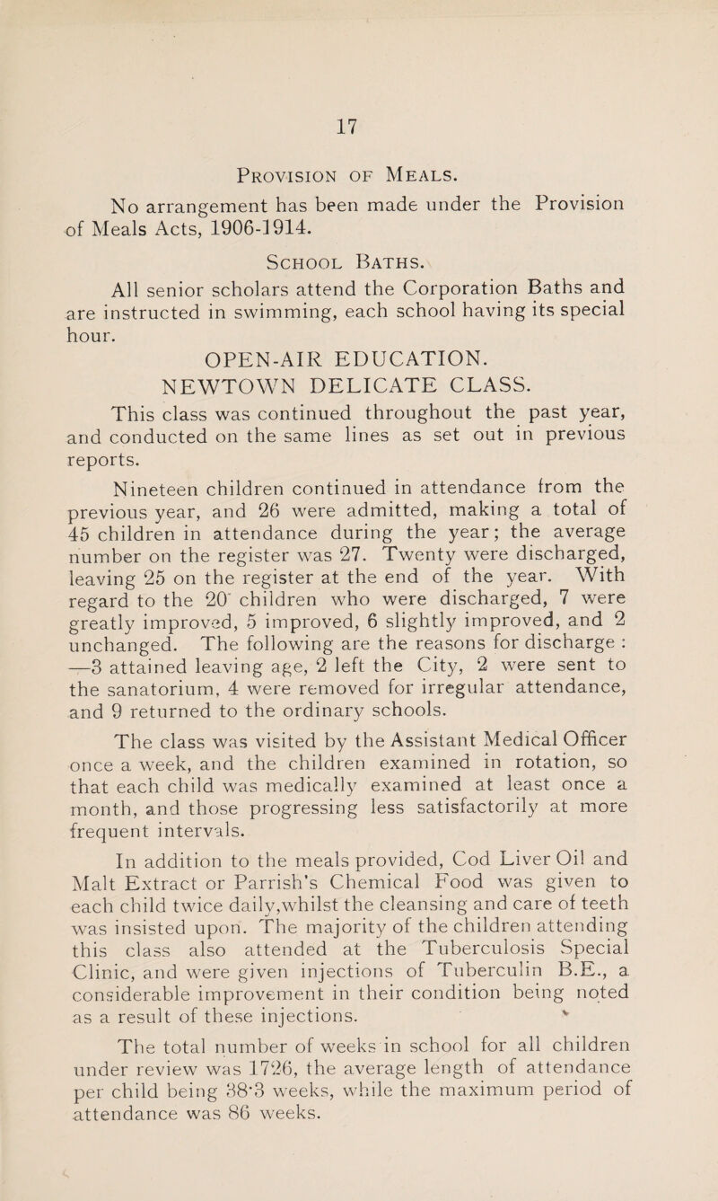 Provision of Meals. No arrangement has been made under the Provision of Meals Acts, 1906-1914. School Baths. All senior scholars attend the Corporation Baths and are instructed in swimming, each school having its special hour. OPEN-AIR EDUCATION. NEWTOWN DELICATE CLASS. This class was continued throughout the past year, and conducted on the same lines as set out in previous reports. Nineteen children continued in attendance from the previous year, and 26 were admitted, making a total of 46 children in attendance during the year; the average number on the register was 27. Twenty were discharged, leaving 25 on the register at the end of the year. With regard to the 20 children who were discharged, 7 were greatly improved, 5 improved, 6 slightly improved, and 2 unchanged. The following are the reasons for discharge : —3 attained leaving age, 2 left the City, 2 were sent to the sanatorium, 4 were removed for irregular attendance, and 9 returned to the ordinary schools. The class was visited by the Assistant Medical Officer once a week, and the children examined in rotation, so that each child was medically examined at least once a month, and those progressing less satisfactorily at more frequent intervals. In addition to the meals provided, Cod Liver Oil and Malt Extract or Parrish’s Chemical Food was given to each child twice daily,whilst the cleansing and care of teeth was insisted upon. The majority of the children attending this class also attended at the Tuberculosis Special Clinic, and were given injections of Tuberculin B.E., a considerable improvement in their condition being noted as a result of these injections. The total number of weeks in school for all children under review was 1726, the average length of attendance per child being 38*3 weeks, while the maximum period of attendance was 86 weeks.