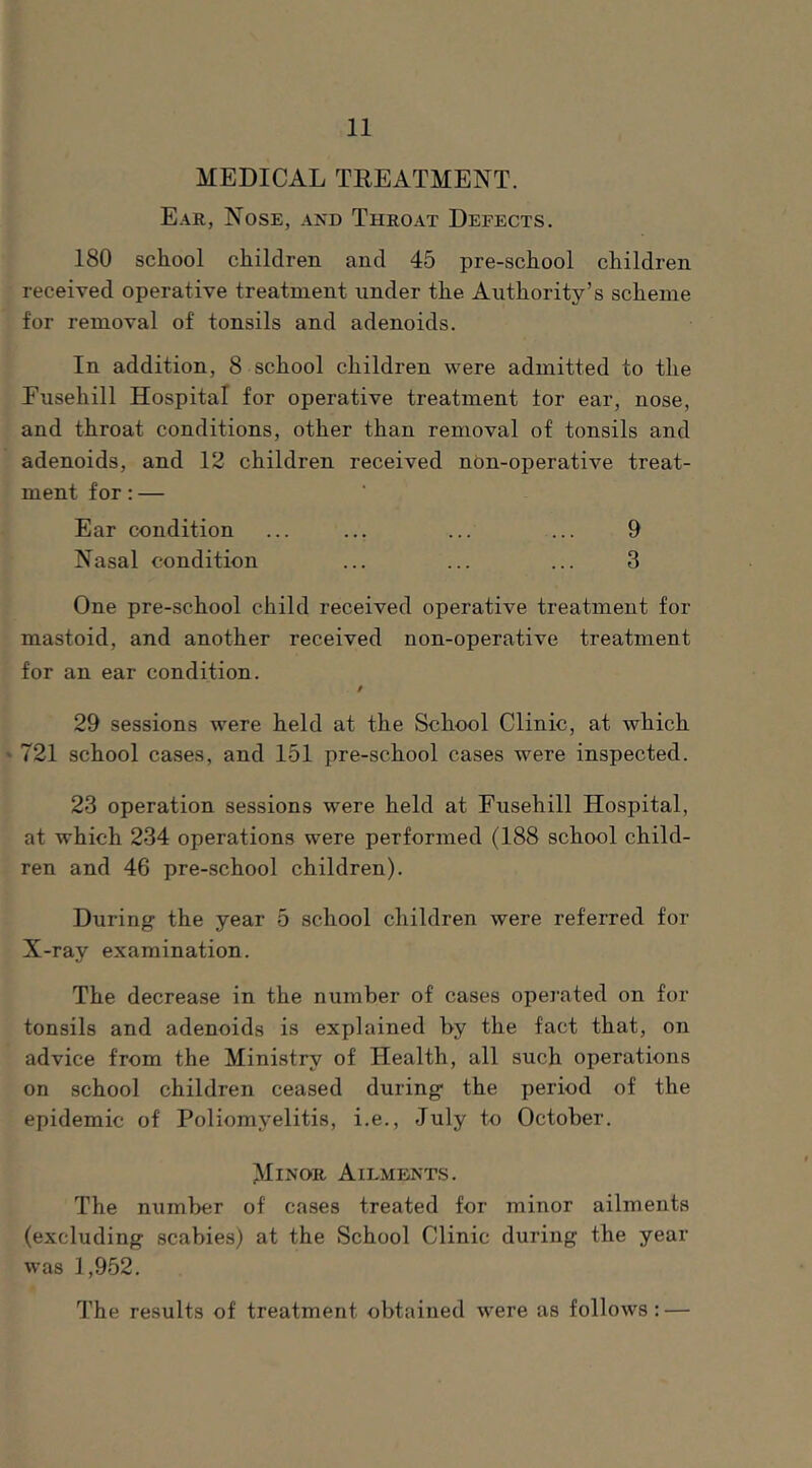 MEDICAL TREATMENT. Ear, Nose, and Throat Defects. 180 school children and 45 pre-school children received operative treatment under the Authority’s scheme for removal of tonsils and adenoids. In addition, 8 school children were admitted to the Eusehill Hospital for operative treatment lor ear, nose, and throat conditions, other than removal of tonsils and adenoids, and 12 children received nOn-operative treat- ment for: — Ear condition ... ... ... ... 9 Nasal condition ... ... ... 3 One pre-school child received operative treatment for mastoid, and another received non-operative treatment for an ear condition. / 29 sessions were held at the School Clinic, at which ' 721 school cases, and 151 pre-school cases were inspected. 23 operation sessions were held at Eusehill Hospital, at which 234 operations were performed (188 school child- ren and 46 pre-school children). During the year 5 school children were referred for X-ray examination. The decrease in the number of cases operated on for tonsils and adenoids is explained by the fact that, on advice from the Ministry of Health, all such operations on school children ceased during the period of the epidemic of Poliomyelitis, i.e., July to October. Minor Ailments. The number of cases treated for minor ailments (excluding scabies) at the School Clinic during the year was 1,952. The results of treatment obtained were as follows; —