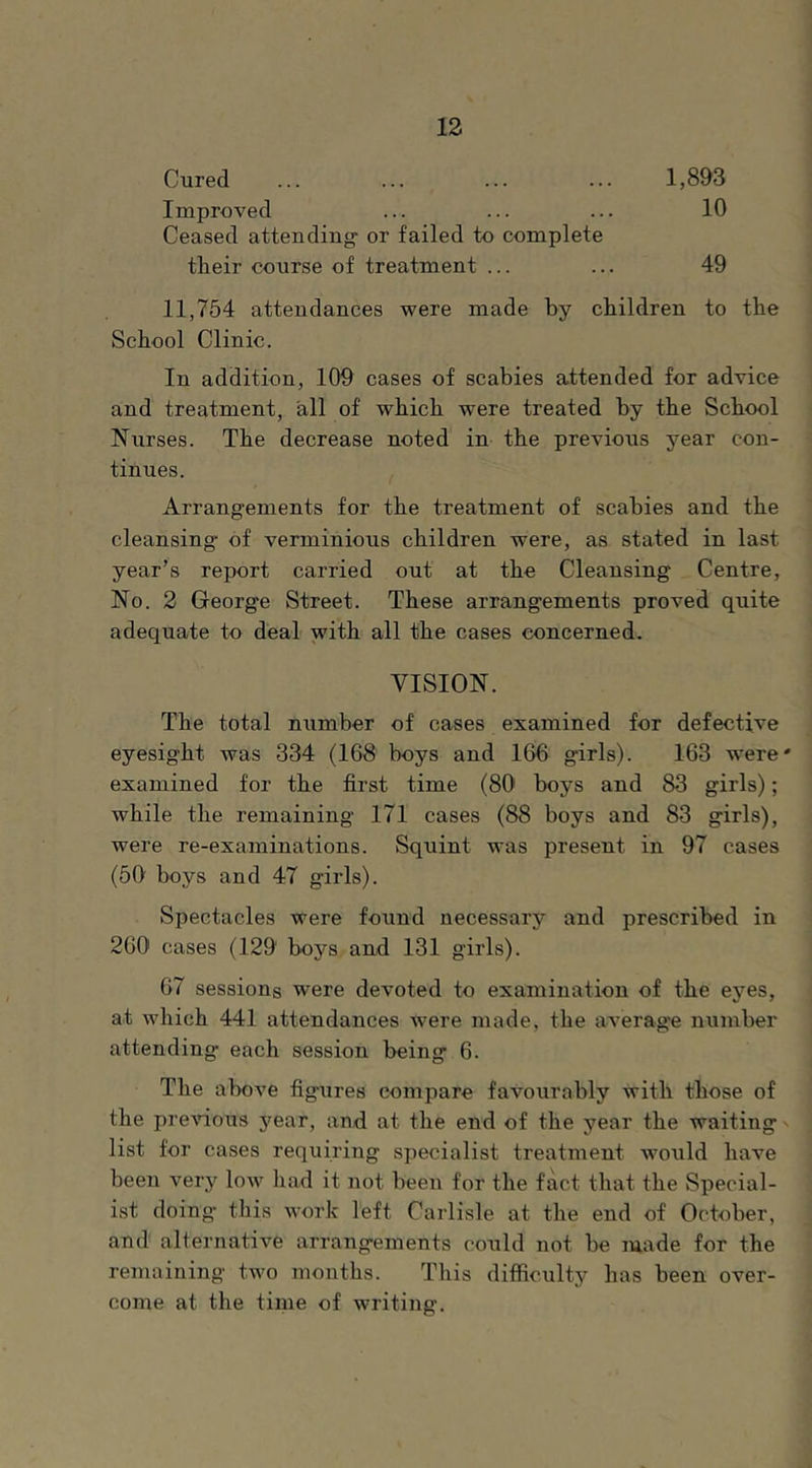 Improved Ceased attending or failed to complete Cured 1,893 10 their course of treatment ... 49 11,754 attendances were made by children to the School Clinic. In addition, 109 cases of scabies attended for advice and treatment, all of which were treated by the School Nurses. The decrease noted in the previous year con- tinues. Arrangements for the treatment of scabies and the cleansing of verminious children were, as stated in last year’s report carried out at the Cleansing Centre, No. 2 George Street. These arrangements proved quite adequate to deal with all the cases concerned. VISION. The total number of cases examined for defective eyesight was 334 (168 boys and 166 girls). 163 w^ere' examined for the first time (80' boys and 83 girls); while the remaining 171 cases (88 boys and 83 girls), were re-examinations. Squint was present in 97 cases (50 boys and 47 girls). Spectacles were found necessary and prescribed in 260 cases (129 boys and 131 girls). 07 sessions were devoted to examination of the eyes, at which 441 attendances were made, the average number attending each session being 6. The above figures compare favourably with those of the previous year, and at the end of the year the waiting ' list for cases requiring s]iecialist treatment would have been very low had it not been for the fact that the vSpecial- ist doing’ this work left Carlisle at the end of October, and alternative arrangements could not be made for the remaining two months. This difficulty has been over- come at the time of writing.