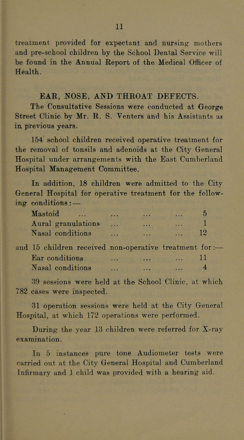 treatment provided for expectant and nursing- mothers and pre-school children by the School Dental Service will be found in the Annual Report of the Medical Officer of Health. EAR, NOSE, AND THROAT DEFECTS. The Consultative Sessions were conducted at George Street Clinic by Mr. R. S. Venters and his Assistants as in. previous years. 154 school children received operative treatment for the removal of tonsils and adenoids at the City General Hospital xmder arrangements with the East Cumberland Hospital Management Committee. In addition, 18 children were admitted to the City General Hospital for operative treatment for the follow- ing conditions: — Mastoid ... ... ... ... 5 Aural granidations ... ... ... 1 Nasal conditions ... ... ... 12 and 15 children received non-operative treatment for:— Ear conditions ... ... ... 11 Nasal conditions ... ... ... 4 39 sessions were held at the School Clinic, at which 782 cases were inspected. 31 operation sessions were held at the City General Hospital, at which 172 operations were performed. During the year 13 children were referred for X-ray examination. In 5 instances pure tone Audiometer tests were carried out at the City General Hospital and Cumberland Infirmary and 1 child was provided with a hearing aid.