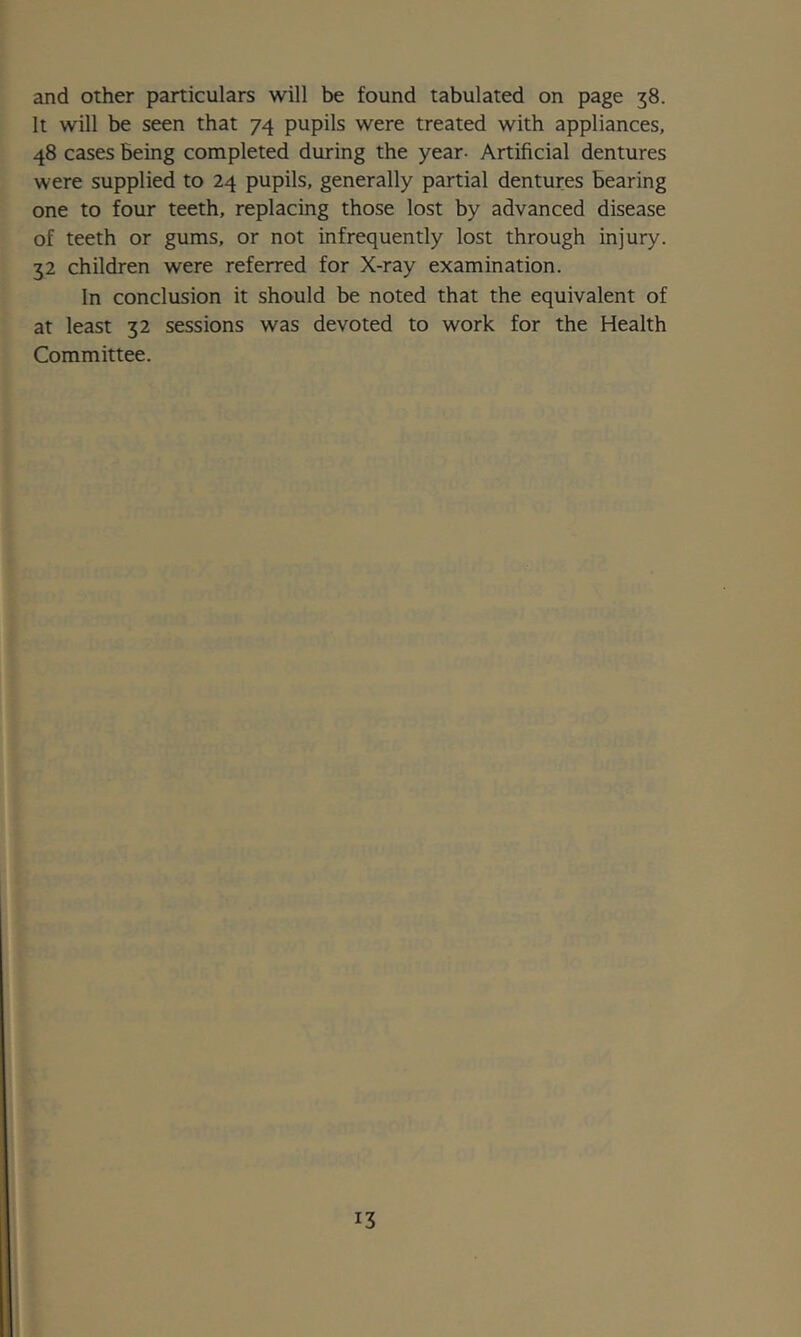 and other particulars will be found tabulated on page 38. It will be seen that 74 pupils were treated with appliances, 48 cases being completed during the year- Artificial dentures were supplied to 24 pupils, generally partial dentures bearing one to four teeth, replacing those lost by advanced disease of teeth or gums, or not infrequently lost through injury. 32 children were referred for X-ray examination. In conclusion it should be noted that the equivalent of at least 32 sessions was devoted to work for the Health Committee.