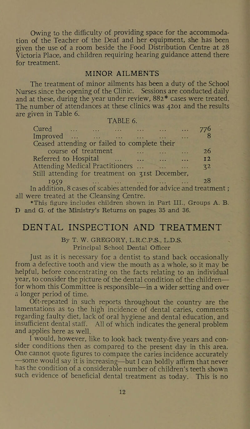 Owing to the difficulty of providing space for the accommoda- tion of the Teacher of the Deaf and her equipment, she has been given the use of a room beside the Food Distribution Centre at 28 Victoria Place, and children requiring hearing guidance attend there for treatment. MINOR AILMENTS The treatment of minor ailments has been a duty of the School Nurses since the opening of the Clinic. Sessions are conducted daily and at these, during the year under review, 882* cases were treated. The number of attendances at these clinics was 4201 and the results are given in Table 6. TABLE 6. Cured ... ... ... ... ... ... 776 Improved ... ... ... ... 8 Ceased attending or failed to complete their course of treatment ... ... ... 26 Referred to Hospital 12 Attending Medical Practitioners 32 Still attending for treatment on 31st December, 1959 28 In addition, 8 cases of scabies attended for advice and treatment ; all were treated at the Cleansing Centre. ♦This figure includes children shown in Part III., Groups A. B. D and G. of the Ministry’s Returns on pages 35 and 36. DENTAL INSPECTION AND TREATMENT By T. W. GREGORY, L.R.C.P.S., L.D.S. Principal School Dental Officer Just as it is necessary for a dentist to stand back occasionally from a defective tooth .and view the mouth as a whole, so it may be helpful, before concentrating on the facts relating to an individual year, to consider the picture of the dental condition of the children— for whom this Committee is responsible—in a wider setting and over a longer period of time. Oft-repeated in such reports throughout the country are the lamentations as to the high incidence of dental caries, comments regarding faulty diet, lack of oral hygiene and dental education, and insufficient dental staff. All of which indicates the general problem and applies here as well. 1 would, however, like to look back twenty-five years and con- sider conditions then as compared to the present day in this area. One cannot quote figures to compare the caries incidence accurately —some would say it is increasing—but I can boldly affirm that never has the condition of a considerable number of children’s teeth shown such evidence of beneficial dental treatment as today. This is no