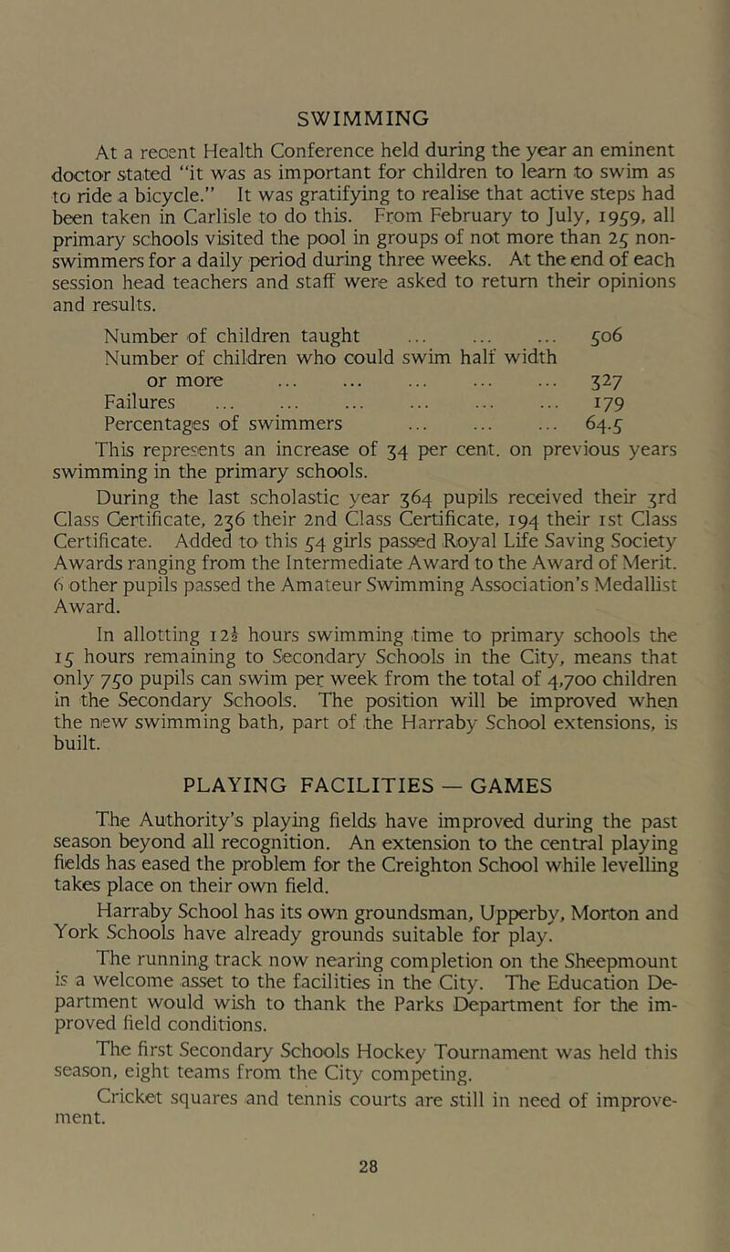 SWIMMING At a recent Health Conference held during the year an eminent doctor stated “it was as important for children to learn to swim as to ride a bicycle.” It was gratifying to realise that active steps had been taken in Carlisle to do this. From February to July, 1959, all primary schools visited the pool in groups of not more than 25 non- swimmers for a daily period during three weeks. At the end of each session head teachers and staff were asked to return their opinions and results. Number of children taught ... ... ... 506 Number of children who could swim half width or more ... ... ... ... ... 327 Failures ... ... ... ... ... ... 179 Percentages of swimmers ... ... ... 64.5 This represents an increase of 34 per cent, on previous years swimming in the primary schools. During the last scholastic year 364 pupils received their 3rd Class Certificate, 236 their 2nd Class Certificate, 194 their ist Class Certificate. Added tO' this 54 girls passed -Royal Life Saving Society Awards ranging from the Intermediate Award to the Award of Merit. 6 -other pupils passed the Amateur Swimming Association’s Medallist Award. In allotting 12J hours swimming time to primary schools the 15 hours remaining to Secon-dary Schools in the City, means that only 750 pupils can swim per week from the total of 4,700 children in the Secondary Schools. The position will be improved wheji the new swimming bath, part of -the Harraby School extensions, is built. PLAYING FACILITIES — GAMES The Authority’s playing fields have improved during the past season beyond all recognition. An extension to the central playing fields has eased the problem for the Creighton School while levelling takes place on their own field. Harraby School has its own groundsman, Upperby, Morton and York Schools have already grounds suitable for play. The running track now nearing completion on the Sheepmount is a welcome asset to the facilities in the City. The Education De- partment would wish to thank the Parks Department for the im- proved field conditions. The first Secondary Schools Hockey Tournament was held this season, eight teams from the City competing. Cricket squares and tennis courts are still in need of improve- ment.
