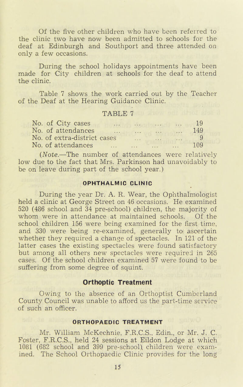 Of the five other children who have been referred to the clinic two have now been admitted to schools for the deaf at Edinburgh and Southport and three attended on only a few occasions. During the school holidays appointments have been made for City children at schools for the deaf to attend the clinic. Table 7 shows the work carried out by the Teacher of the Deaf at the Hearing Guidance Clinic. TABLE 7 No. of City cases 19 No. of attendances 149 No. of extra-district cases 9 No. of attendances 109 (Note.—The number of attendances were relatively low due to the fact that, Mrs. Parkinson had unavoidably to be on leave during part of the school year.) OPHTHALMIC CLINIC During the year Dr. A. R. Wear, the Ophthalmologist held a clinic at George Street on 46 occasions. He examined 520 (486 school and 34 pre-school) children, the majority of whom were in attendance at maintained schools. Of the school children 156 were being examined for the first time, and 330 were being re-examined, generally tot ascertain whether they required a change of spectacles. In 121 of the latter cases the existing spectacles were found satisfactory but among all others new spectacles were required in 265 cases. Of the school children examined 57 were found to be suffering from some degree of squint. Orthoptic Treatment Owing to the absence of an Orthoptist Cumberland County Council was unable to afford us the part-time service of such an officer. ORTHOPAEDIC TREATMENT Mr. William McKechnie, F.R.C.S., Edin., or Mr. J. C. Foster, F.R.C.S., held 24 sessions at Eildon Lodge at which 1081 (682 school and 399 pre-school), children were exam- ined. The School Orthopaedic Clinic provides for the long