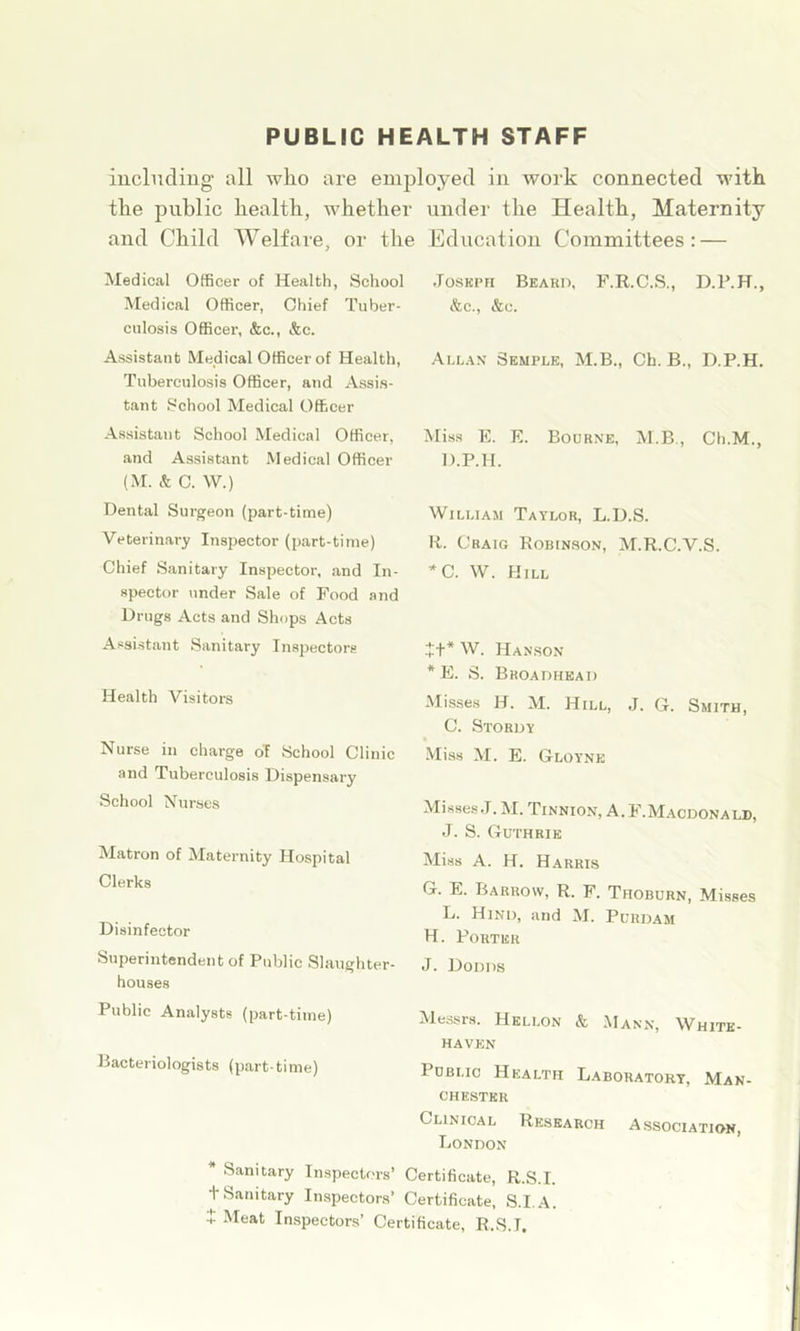 PUBLIC HEALTH STAFF mclncling all who are employed in work connected with the public health, whether under the Health, Maternity and Child Welfare, or the Education Committees: — Medical Officer of Health, School Medical Officer, Chief Tuber- culosis Officer, &c., &c. Assistant Medical Officer of Health, Tuberculosis Officer, and Assis- tant School Medical Officer Assistant School Medical Officer, and Assistant Medical Officer (M. & C. W.) Dental Surgeon (part-time) Veterinary Inspector (part-time) Chief Sanitary Inspector, and In- spector under Sale of Food and Drugs Acts and Shops Acts Assistant Sanitary Inspectors Health Visitors Nurse in charge ol School Clinic and Tuberculosis Dispensary School Nurses Matron of Maternity Hospital Clerks Disinfector Superintendent of Public Slaughter- houses Public Analysts (part-time) Bacteriologists (part-time) JosKPFi Beard, F.R.C.S., D.P.H., &c., &c. Allan Semple, M.B., Ch. B., D.P.H. Miss E. E. Bourne, M.B., Ch.M., D.P.H. William Taylor, L.D.S. R. Craig Robinson, M.R.C.V.S. *C. W. Hill :t*W. Han.son *E. S. Broadhkai) Misses H. M. Hill, J. G. Smith, C. Stordy Miss M. E. Gloyne Misses J. M. Tinnion, A. F.M.acdonald, J. S. Guthrie Miss A. H. Harris G. E. Barrow, R. F. Thoburn, Misses L. Hind, and M. Purdam H. Porter J. Dodds Messrs. Hellon & Mann, White- haven Public Health Laboratory, Man- chester Clinical Research Association, London * Sanitary Inspectors’ Certificate, R.S.I. + Sanitary Inspectors’ Certificate, S.I.A. + Meat Inspectors’ Certificate, R.S.I,