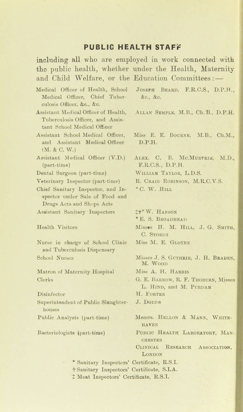 PUBLIC HEALTH STAFiF inchiding all who are employed in work connected with the public health, whether under the Health, Maternity and Child Welfare, or the Education Committees: — Medical Officer of Health, School Medical Officer, Chief Tuber- culosis Officer, &c., &c. Assistant Medical Officer of Health, Tuberculosis Officer, and Assis- tant School Medical Ofl&cer Assistant School Medical Officer, and Assistant Medical Officer (M. & C. W.) Assistant Medical Ofificer (V.D.) (part-time) Dental Surgeon (part-time) Veterinary Inspector (part-time) Chief Sanitary Inspector, and In- spector under Sale of Food and Drugs Acts and Shops Acts Assistant Sanitary Inspectors Health Visitors Nurse in charge of School Clinic and Tuberculosis Dispensary School Nurses Matron of Maternity Hospital Clerks Disinfector Superintendent of Public Slaughter- houses Joseph Beard, F.R.C.S., D.P.H., &c., &c. Allan Semple, M.B., Ch. B., D.P.H. Miss E. E. Bourne. M.B., Ch.M., D.P.H. Alex. C. B. Mc.Muktrie, M.D., F.R.C.S., D.P.H. William Taylor, L.D.S. R. Craig Robinson, M.R.C.V.S. ’^C. W. Hill it* W. Hanson *E. S. Broadheai) Misses H. M. Hill, J. G. Smith, C. Stordy Miss M. E. Gloyne Misses J. S. Guthrie, J. H. Braden, M. Wood Miss A. H. Harris G. E. Barrow, R. F. Thobdrn, Misses L. Hind, and M. Purdam H. Porter J. Dodds Public Analysts (part-time) Messrs. Hellon & Mann, White- haven Bacteriologists (part-time) Public Health Laboratory, Man- chester Clinical Research Association, London * Sanitary Inspectors’ Certificate, R.S.I. t Sanitary Inspectors’ Certificate, S.I.A. i Meat Inspectors’ Certificate, R.S.I.