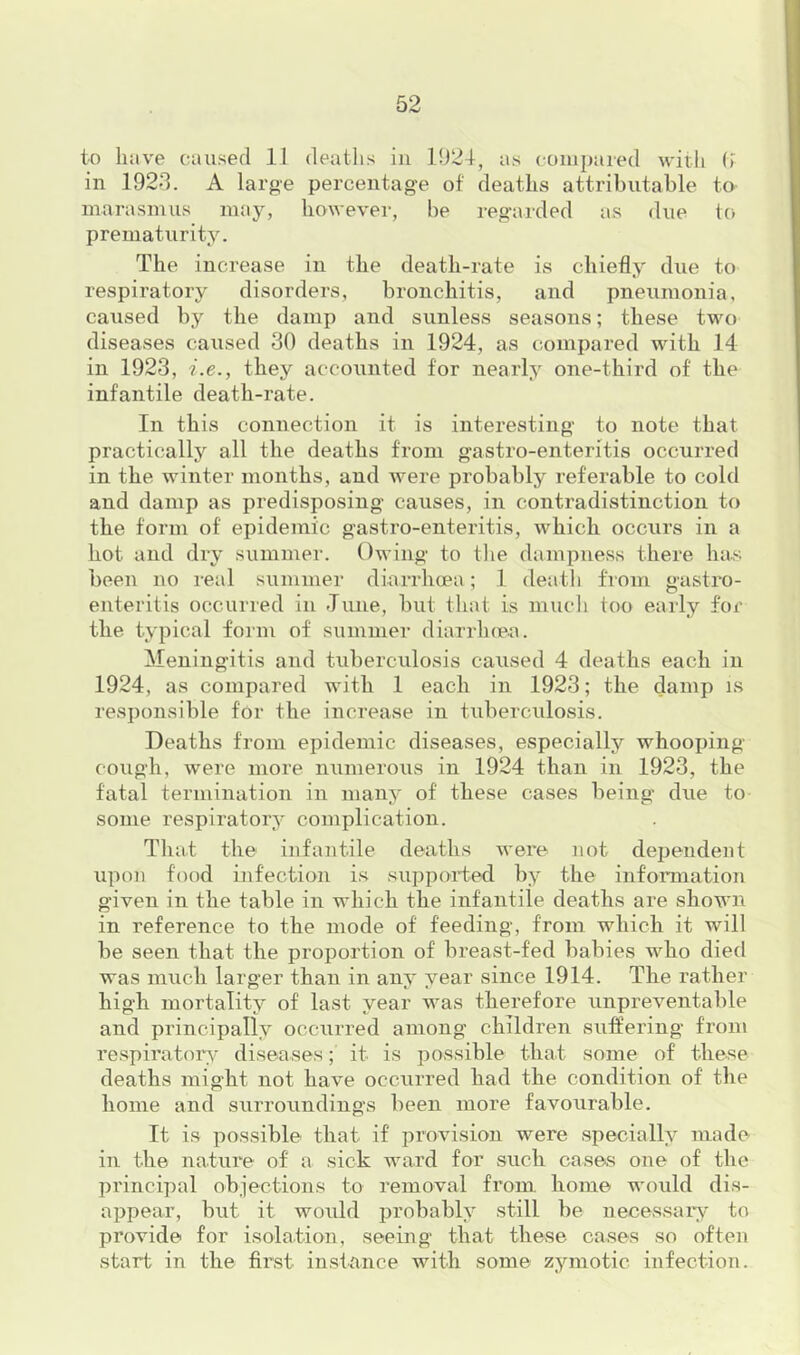 to have caused 11 deaths in 1021, as ccuupaied with (> in 192>3. A large percentage of deaths attributable to inarasnius may, however, be regarded as due to prematurity. The increase in the death-rate is chiefly due to respiratory disorders, bronchitis, and pneumonia, caused by the damp and sunless seasons; these two diseases caused 30 deaths in 1924, as compared with 14 in 1923, i.e., they accounted for nearly one-third of the infantile death-rate. In this connection it is interesting to note that practically all the deaths from gastro-enteritis occurred in the winter months, and were probably referable to cold and damp as predisposing causes, in contradistinction to the form of epidemic gastro-enteritis, which occurs in a hot and dry summer. Owing to tlie dampness there has been no real summer diarrhoea; 1 death from gastro- enteritis occurred in June, but tliat is much too early for the typical form of summer diarrhcea. Meningitis and tuberculosis caused 4 deaths each in 1924, as compared with 1 each in 1923; the damp is responsible for the increase in tuberculosis. Deaths from epidemic diseases, especially whooping cough, were more numerous in 1924 than in 1923, the fatal termination in many of these cases being due to some respiratory complication. That the infantile deaths were not dependent upon food infection is supported by the information given in the table in which the infantile deaths are shown in reference to the mode of feeding, from which it will be seen that the proportion of breast-fed babies who died was much larger than in any year since 1914. The rather high mortality of last year was therefore unpreventable and principally occurred among children suffering from respiratory diseases; it is possible that some of these deaths might not have occurred had the condition of the home and surroundings been more favourable. It is possible that if provision were specially made in the nature of a sick ward for such cases one of the principal objections to removal from home would dis- appear, but it woidd probably still be necessaiy to provide for isolation, seemg that these cases so often start in the first instance with some zymotic infection.