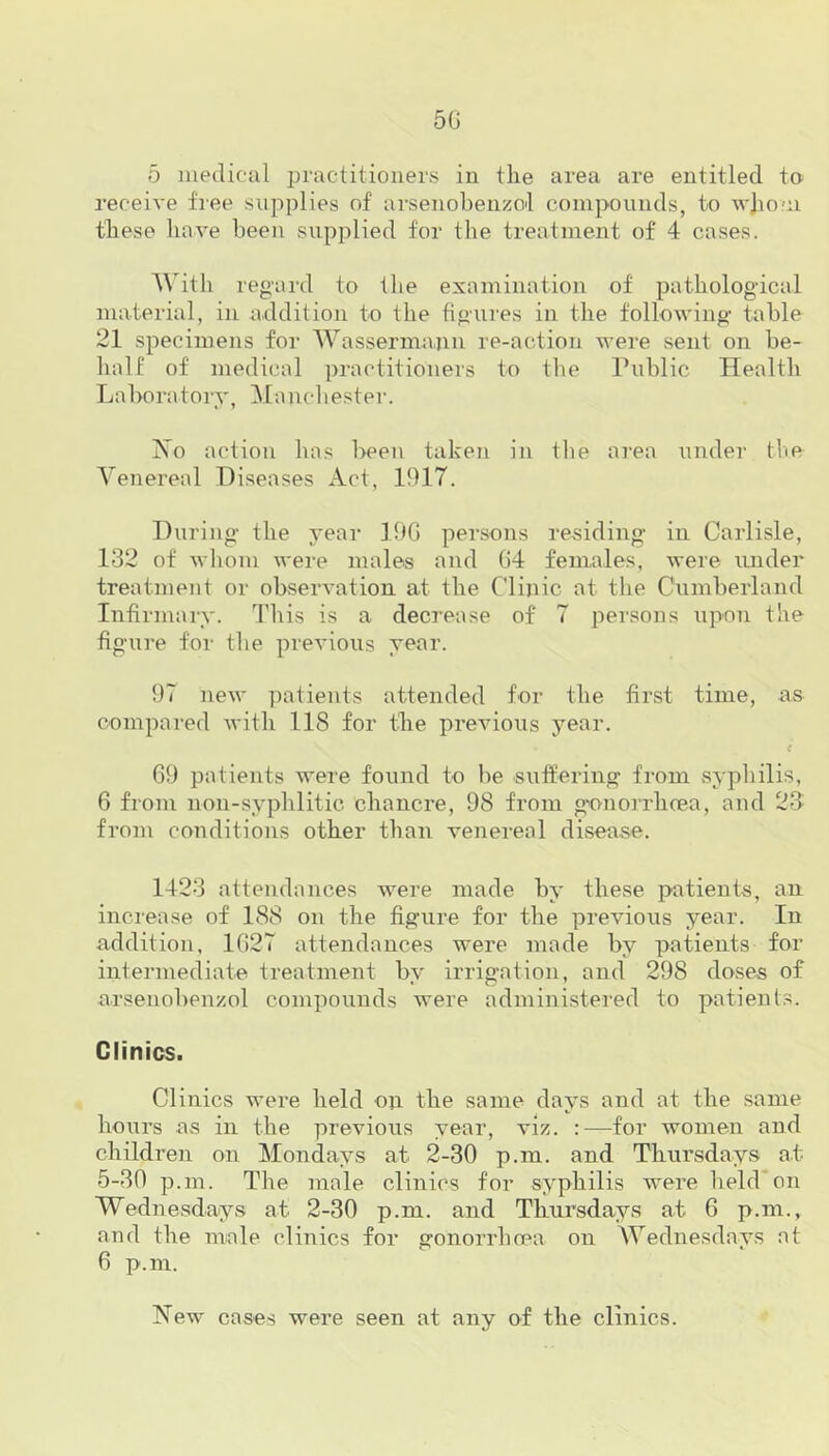 50 5 medical practitioners in the area are entitled to receive free supplies of arsenobenzol compounds, to whom these have been supplied for the treatment of 4 cases. With regard to the examination of pathological material, in addition to the figures in the following table 21 specimens for Wassermann re-action were sent on be- half of medical practitioners to the Public Health Laboratory, Manchester. No action has been taken in the area under the Venereal Diseases Act, 1917. During the year 19G persons residing in Carlisle, 132 of whom were males and G4 females, were under treatment or observation at the Clinic at the Cumberland Infirmary. This is a decrease of 7 persons upon the figure for the previous year. 97 new patients attended for the first time, as compared with 118 for the previous year. e 69 patients were found to be suffering from syphilis, 6 from non-syphlitic chancre, 98 from gonorrhoea, and 23 from conditions other than venereal disease. 1423 attendances were made by these patients, an increase of 188 on the figure for the previous year. In addition, 1627 attendances were made by patients for intermediate treatment by irrigation, and 298 doses of arsenobenzol compounds were administered to patients. Clinics. Clinics were held on the same days and at the same hours as in the previous year, viz. :—for women and children on Mondays at 2-30 p.m. and Thursdays at 5-30 p.m. The male clinics for syphilis were held'on Wednesdays at 2-30 p.m. and Thursdays at 6 p.m., and the male clinics for gonorrhoea on Wednesdays at 6 p.m. New cases were seen at any of the clinics.