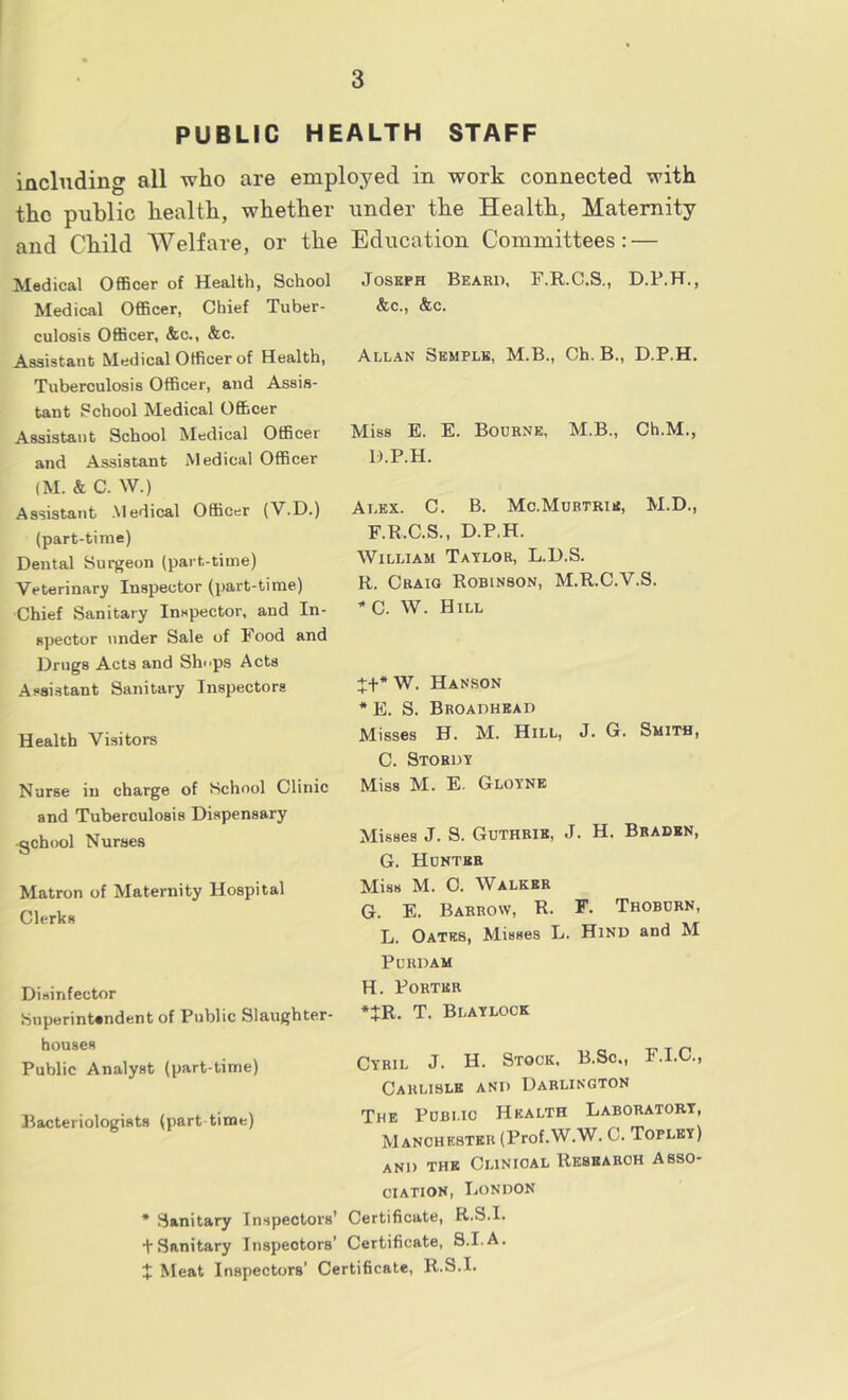 PUBLIC HEALTH STAFF including all who are employed in work connected with the public health, whether under the Health, Maternity and Child Welfare, or the Education Committees: — Medical Officer of Health, School Medical OflBcer, Chief Tuber- culosis Officer, &c., &c. Assistant Medical Officer of Health, Tuberculosis Officer, and Assis- tant School Medical Officer Assistant School Medical Officer and Assistant Medical Officer Joseph Bearo, F.R.C.S., D.P.H., ^SC>, Allan Semple, M.B., Ch. B., D.P.H. Miss E. E. Bourne, M.B., Ch.M., D.P.H. (M. & C. W.) Assistant .Medical Officer (V.D.) (part-time) Dental Sui^eon (part-time) Veterinary Inspector (part-time) Chief Sanitary Inspector, and In- spector under Sale of Food and Drugs Acts and Sh..ps Acts As8i.stant Sanitary Inspectors Health Visitors Nurse in charge of School Clinic and Tuberculosis Dispensary gchool Nurses Matron of Maternity Hospital Clerks Alex. C. B. Mc.Murtrie, M.D., F.R.C.S., D.P.H. William Taylor, L.D.S. R. Craig Robinson, M.R.C.V.S. ’•C. W. Hill W. Hanson * E. S. Broadhead Misses H. M. Hill, J. G. Smith, C. Stordy Miss M. E. Gloyne Misses J. S. Guthrie, J. H. Braden, G. Hunter Miss M. C. Walker G. E. Barrow, R. F. Thoburn, L. Oates, Misses L. Hind and M Disinfector Superintendent of Public Slaughter- houses Public Analyst (part-time) Bacteriologists (part time) PCRDAM H. Porter *JR. T. Blaylock Cyril J. H. Stock, B.Sc., F.I.C., Carlisle and Darlington The Public Health Laboratory, Manchester (Prof.W.W. C. Topley) and the Clinical Research Asso- ciation, London Certificate, R.S.I. Certificate, S.I.A. * Sanitary In.spectors’ t Sanitary Inspectors’ X Meat Inspectors’ Certificate, R.S.I.