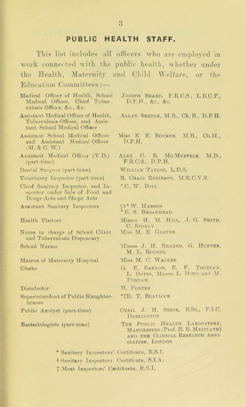 PUBLIC HEALTH STAFF. This list inclufles all officers who are employed in work connected with the public health, whether under the Health, Maternity and Child Welfare, or the Education Committees:— Medical Officer of Health, School Medical Officer, Chief Tuber- culosis Officer, &o., &c. Assistant Medical Officer of Health, Tuberculosis Officer, and Assis- tant School Medical Officer Assistant School Medical Officer and Assistant Medical Officer (M. & C. W.) Assistant Medical Officer (V.D.) (part-time) Dental Sur;'e<)n (part-time) Veterinary Inspector (part-time) Chief Sanitary Inspector, and In- spector under Sale of Food and Drugs Acts and Shops Acts Assistant Sanitary Inspectors Health Visitors Nurse in charge of School Clinic and Tuberculosis Dispensary School Nurses Matron of Maternity Hospital Clerks Disinfector Superintendent of Public Slaughter- houses Public Analyst (part-time) Bacteriologists (part-time) JosKPH Beakii, F.R.C.S., L.R.C.P., D.P.H., &c., &c. Allan Semple, M.B,, Ch. B., D.P.H. Miss E. E. Bourne, M.B., Ch.M., D.P.H. Alex. C. B. Mc.Murtrie, M.D., F.R.C.S., D.P.H. William Taylor, L.D.S. R. Craig Robinson, M.R.C.V.S. ’'C. W. Hill W. Han.son * E. S. Broaohead .Misses H. M. Hill, J. G. Smith, C. Stordy Mias M. E Gloyne Misses J. H. Braden, G. Hunter, M. L. Rogers. Miss M. C. Walker G. E. Barrow, P. F. Thoburn, L. Oate.s, Misses L. Hind and M. PlIRDAM H. Porter *tR. T. Blaylock Cyril J. H. Stock, B.Sc,, F.I.C. Darlington The Public Health Laboratory, Manchester (Prof. H. B. Maitland) and the Clinical Research Asso- ciation, London Certificate, R.S.I. Ccrtifii'ate, S.I.A. * Sanitary Inspectors’ + .Sanitary Insiiectora t Meat Inspectors’ Certificate, R.S.I.