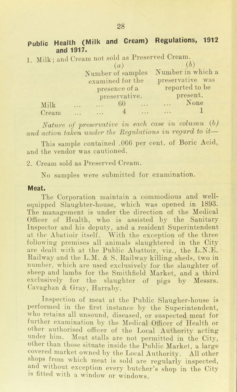 Public Health (Milk and Cream) Regulations, 1912 and 1917. 1 Milk; and Cream not sold as Preserved Cream. limber in wbicb a preservative was reported to be present. None Milk Cream (a) Number of samples examined for tlie presence of a preservative. 60 4. Nature of preservative in each case in column (b) and action taken under the Regxdations in regard to it— This sample contained .066 per cent, of Boric Acid, and the vendor was cautioned. 2. Cream sold as Preserved Cream. No samples were submitted for examination. Meat. The Corporation maintain a commodious and well- equipped Slaughter-house, which was opened in 1893. The management is under the direction of the Medical Officer of Health, who is assisted by the Sanitary Inspector and his deputy, and a resident Superintendent at the Abattoir itself. With the exception of the three following premises all animals slaughtered in the City are dealt with at the Public Abattoir, viz., the L.N.E. Railway and the L.M. & S. Railway killing sheds, two in number, which aj’e used exclusively for the slaughter of sheep and lambs for the Smithfield Market, and a third exclusively for the slaughter of pigs by Messrs. Cavaghan & Grajq Harraby. Inspection of meat at the Public Slaugher-house is performed in the first instance by the Superintendent, who retains all unsound, diseased, or suspected meat for further examination by the Medical Officer of Health or other authorised officer of the Local Authority acting under him. Meat stalls are not permitted in the City, other than those situate inside the Public Market, a large coiered market owned by the Local Authority. All other shops from which meat is sold are regularly inspected, and without exception every butcher’s shop in the City is htted with a window or windov’s.