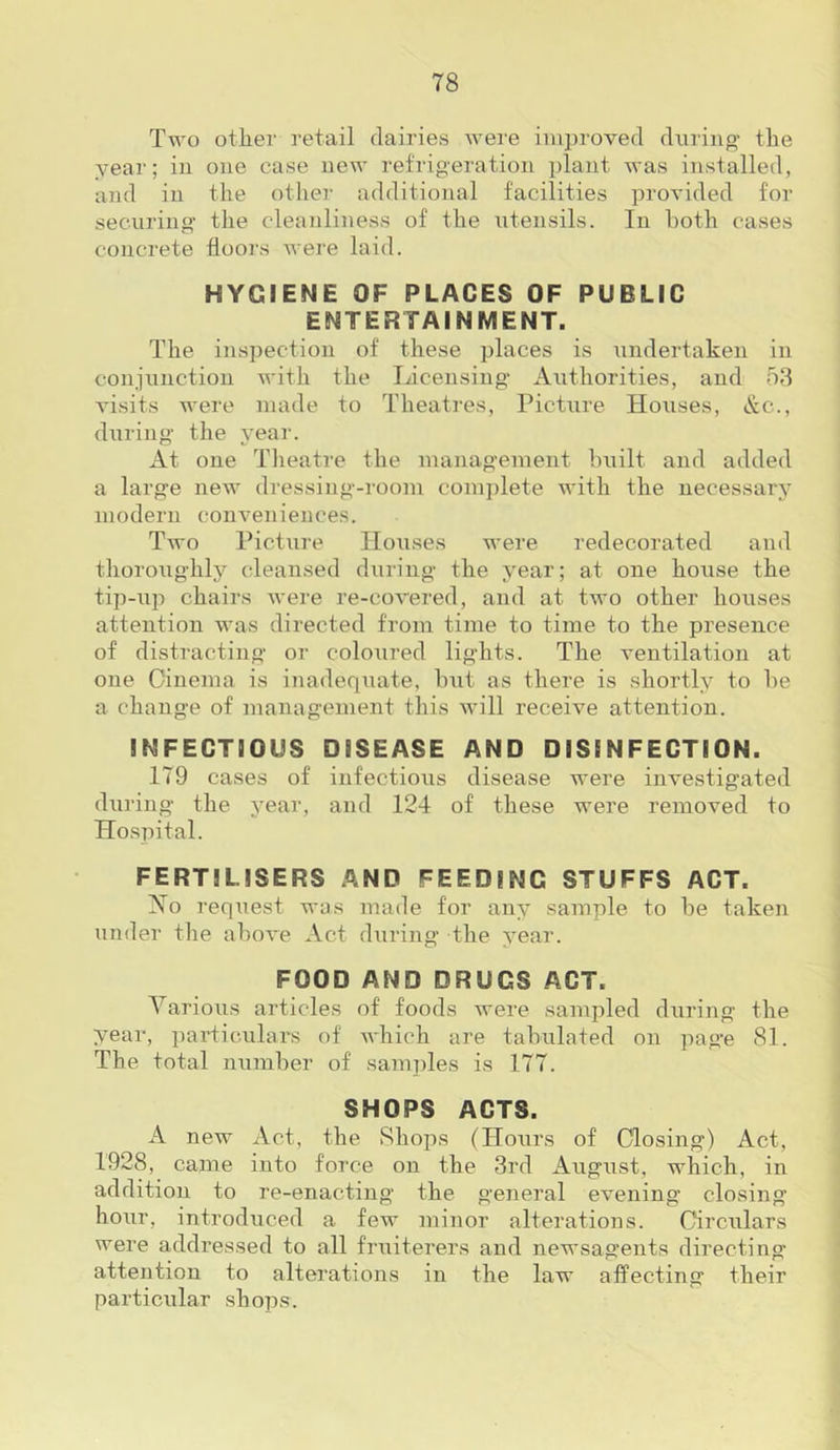 Two other retail dairies were improved dririno^ the year; iu one case new refrigeration plant was installed, and in the other additional facilities provided for securing the cleanliness of the ntensils. In both cases concrete floors were laid. HYGIENE OF PLACES OF PUBLIC ENTERTAINMENT. The inspection of these places is undertaken in conjunction with the Licensing Authorities, and 53 visits were made to Theatres, Picture Houses, &c., diudng the year. At one Tlieatre the management built and added a large new dressing-room coni])lete with the necessary modern conveniences. Two Picture Houses were redecorated and thoroughlj'^ cleansed during the year; at one house the tip-\ip chairs were re-covered, and at two other houses attention was directed from time to time to the presence of distracting or coloured lights. The ventilation at one Cinema is inadequate, l)\it as there is shortly to be a change of management this will receive attention. INFECTIOUS DISEASE AND DISINFECTION. 179 cases of infectious disease were investigated dui'ing the year, and 124 of these were removed to Hospital. FERTILISERS AND FEEDING STUFFS ACT. Xo request was made for any sample to be taken under the above Act during the year. FOOD AND DRUGS ACT. Various articles of foods were sampled during the year, i)ai'ticulars of Avhich are tabulated on page 81. The total number of samjdes is 177. SHOPS ACTS. A new Act, the Shops (Hours of Closing) Act, 1928, came into force on the 3rd August, which, in addition to re-enacting the general evening closing hour, introduced a few minor alterations. Circulars were addressed to all fruiterers and newsagents directing attention to alterations in the law affecting their particular shops.