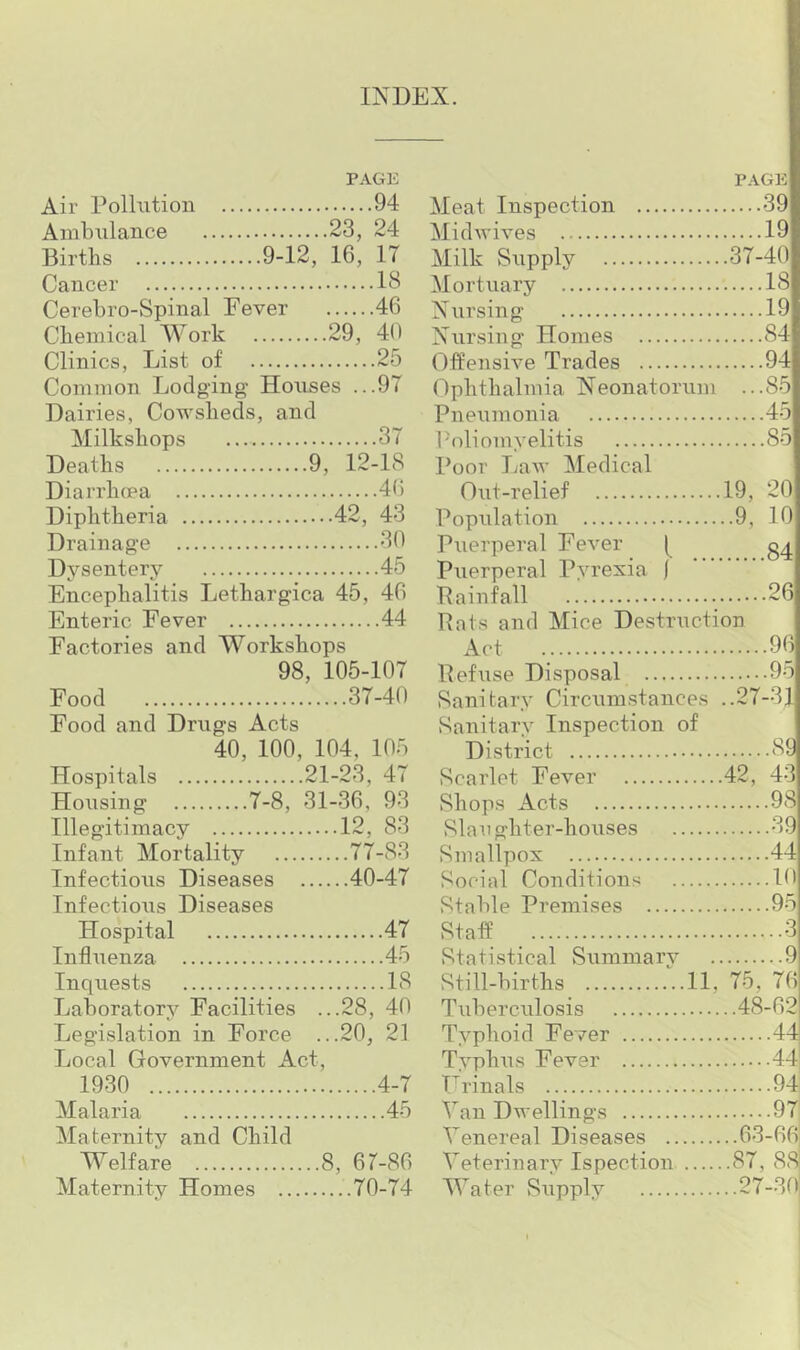 INDEX. PAGE Air Pollution 94 Ambulance 23, 24 Birtbs 9-12, 16, IT Cancer 13 Cerebro-Spinal Fever 46 Chemical Work 29, 40 Clinics, List of 25 Common Lodging- Houses ...97 Dairies, Cowsheds, and Milkshops 37 Deaths 9, 12-18 Diarrhoea 46 Diphtheria 42, 43 Drainage 30 Dysentery 45 Encephalitis Lethargica 45, 46 Enteric Fever 44 Factories and Workshops 98, 105-107 Food 37-40 Food and Drugs Acts 40, 100, 104, 105 Hospitals 21-23, 47 Housing 7-8, 31-36, 93 Illegitimacy 12, 83 Infant Mortality 77-83 Infectious Diseases 40-47 Infectious Diseases Hospital 47 Influenza 45 Inquests 18 Laboratory Facilities ...28, 40 Legislation in Force ...20, 21 Local Government Act, 1930 4-7 Malaria 45 Maternity and Child Welfare 8, 61-86 Maternity Homes 70-74 PAGE Meat Inspection 39 Midwives 19 Milk Supply 37-40 Mortuary 18 Nursing 19 Nursing Homes 84 Offensive Trades 94 Ophthalmia Neonatorum ...85 Pneumonia 45 Poliomyelitis 85 Poor Law Medical Out-relief 19, 20 Population 9, 10 Puerperal Fever [ g^ Puerperal Pyrexia f Rainfall 26 Rats and Mice Destruction Act 96 Refuse Disposal 95 Sanitary Circumstances ..27-3] Sanitary Inspection of District 89 Scarlet Fever 42, 43 Shops Acts Sian ghter-houses Smallpox Social Conditions Stable Premises .... Staff 39 44 10 3 Statistical Summary 9 Still-births 11, 75, 76 Tuberculosis 48-62 Tvphoid Fever 44 Typhus Fever 44 Frinals 94 Van Dwellings 97 Venereal Diseases .. 63-66 Veterinary Ispection 87, 88 Water Supplv 27-30