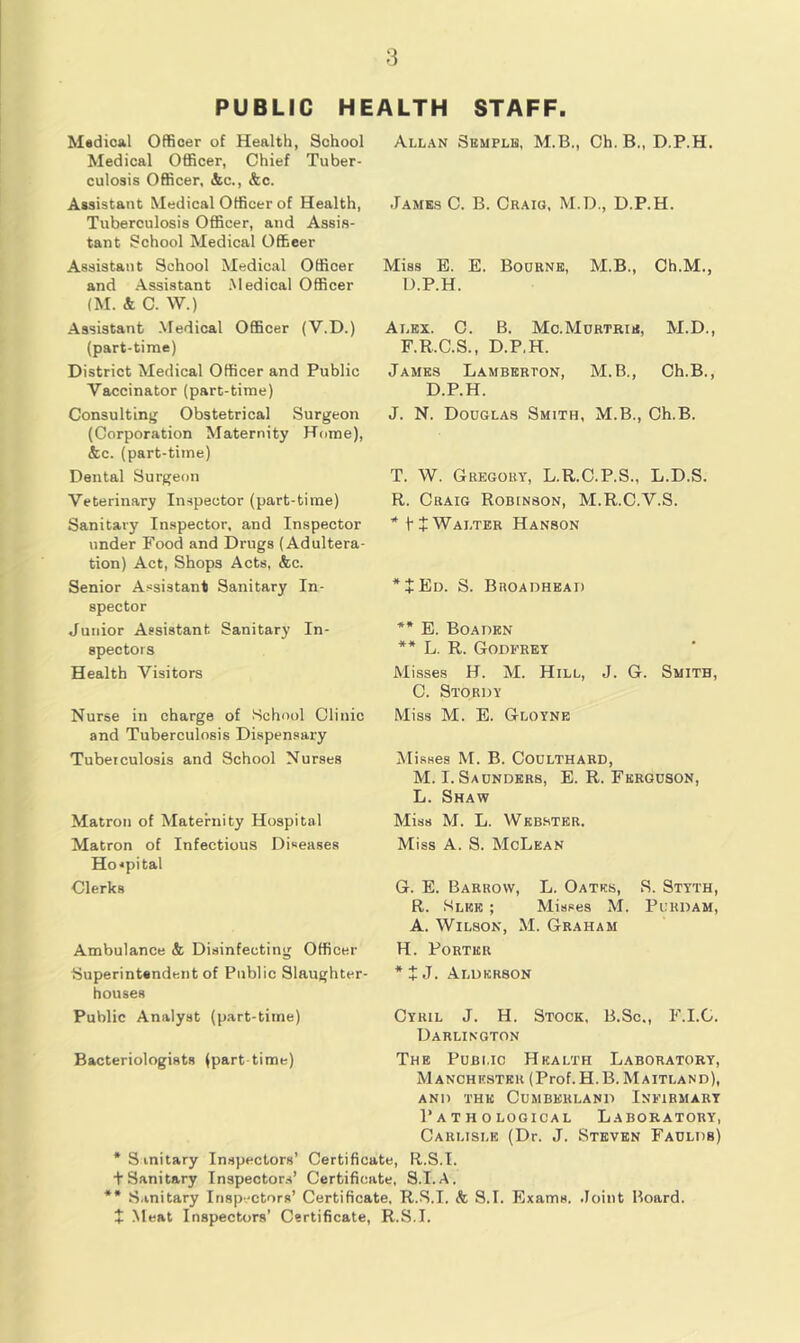 PUBLIC HEALTH STAFF. Madioal Officer of Health, School Medical Officer, Chief Tuber- culosis Officer, &c., &c. Assistant Medical Officer of Health, Tuberculosis Officer, and Assis- tant School Medical Officer Assistant School Medical Officer and Assistant Medical Officer (M. & C. \V.) Assistant Medical Officer (V.D.) (part-time) District Medical Officer and Public Vaccinator (part-time) Consulting Obstetrical Surgeon (Corporation Maternity Home), &c. (part-time) Dental Surgeon Veterinary Inspector (part-time) Sanitary Inspector, and Inspector under Food and Drugs (Adultera- tion) Act, Shops Acts, &c. Senior Assistant Sanitary In- spector Junior Assistant Sanitary In- spectors Health Visitors Nurse in charge of School Clinic and Tuberculosis Dispensary Tuberculosis and School Nurses Matron of Maternity Hospital Matron of Infectious Diseases Hospital Clerks Ambulance & Disinfecting Officer Superintendent of Public Slaughter- houses Public Analyst (part-time) Bacteriologists (part-time) Allan Semple, M.B., Ch. B., D.P.H. James C. B. Craig, M.D., D.P.H. Miss E. E. Boorne, M.B., Ch.M., D.P.H. Alex. C. B. Mc.Mortrie, M.D., F. R.C.S., D.P.H. James Lamberton, M.B., Ch.B., D.P.H. J. N. Douglas Smith, M.B., Ch.B. T. W. Gregory, L.R.C.P.S., L.D.S. R. Craig Robinson, M.R.C.V.S. Walter Hanson *tED. S. Broadheai) ** E. Boaden ** L. R. Godfrey Misses H. M. Hill, J. G. Smith, C. Stordy Miss M. E. Gloynb Misses M. B. Coulthard, M. I. Saunders, E. R. Ferguson, L. Shaw Miss M. L. Webster. Miss A. S. McLean G. E. Barrow, L. Oates, S. Styth, R. Slke ; Misses M. Purdam, A. Wilson, M. Graham H. Porter * t J. Aldkrson Cyril J. H. Stock, B.Sc„ F.I.G. Darlington The Public Health Laboratory, Manchester (Prof.H.B. Maitland), AND THE Cumberland Infirmary Pathological Laboratory, Carlisle (Dr. J. Steven Faulds) •Smitary Inspectors’ Certificate, R.S.I. + Sanitary Inspector.s’ Certificate, S.I.A. * S.initary Inspectors’ Certificate, R.S.I. & S.I. Exams, .loint Board. + .Meat Inspectors’ Certificate, R.S.I.