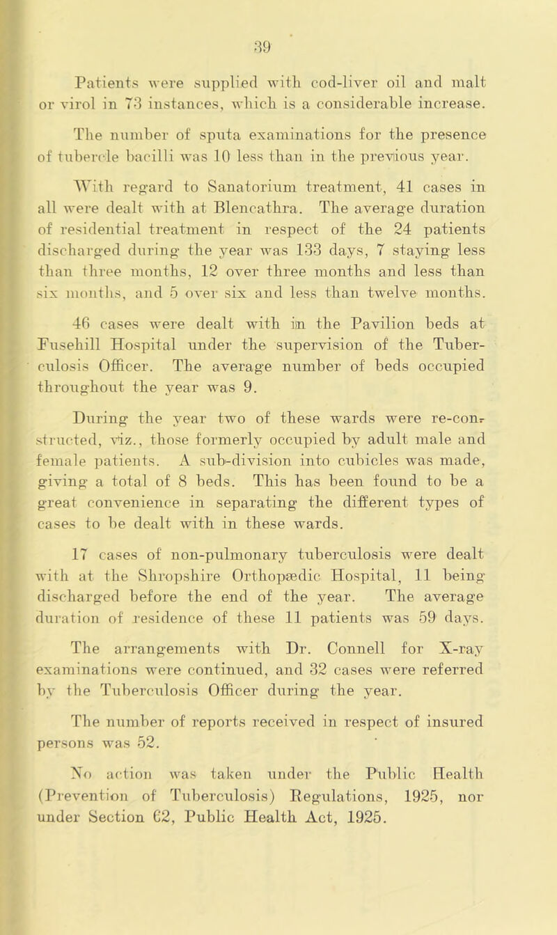 Patients were supplied with cod-liver oil and malt or virol in 73 instances, Avhich is a considerable increase. The number of sputa examinations for the presence of tubercle bacilli was 10 less than in the previous yeai‘. AVith reo-ard to Sanatorium treatment, 41 cases in all were dealt with at Blencathra. The average duration of residential treatment in respect of the 24 patients discharged diiring the year was 133 days, 7 staying less than three months, 12 over three months and less than six montlis, and 5 over six and less than twelve months. 46 cases were dealt with in the Pavilion beds at Fusehill Hospital under the supervision of the Tuber- culosis Officer. The average number of beds occupied throughout the year was 9. During the year two of these wards were re-conr structed, ffiz., those formerly occupied by adult male and female patients. A sub-division into cubicles was made, giving a total of 8 beds. This has been found to be a great convenience in separating the different types of cases to be dealt with in these wards. 17 cases of non-pulmonary tuberculosis were dealt with at the Shropshire Orthopeedic Hospital, 11 being discharged before the end of the year. The average duration of residence of these 11 patients was 59 days. The arrangements with Dr. Connell for X-ray examinations were continued, and 32 cases were referred by the Tuberculosis Officer during the year. The number of reports received in respect of insured persons was 52. Xo action was taken Tinder the Public Health (Prevention of Tuberculosis) Hegulations, 1925, nor under Section C2, Public Health Act, 1925.