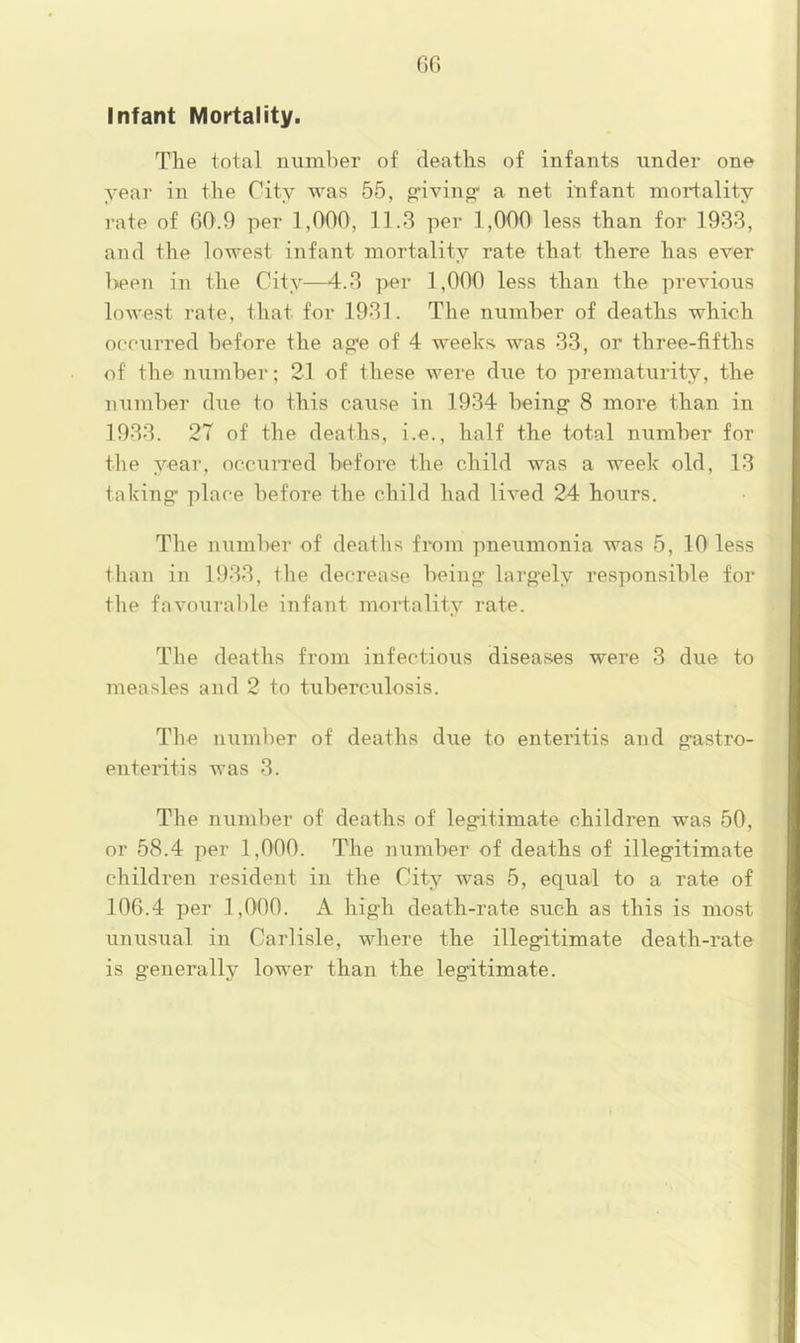 GG Infant Mortality. The total niimher of deaths of infants under one year in the City was 55, o‘ivin^ a net infant mortality rate of GO.9 per 1,000, 11.3 per 1,000 less than for 1933, and the lowest infant mortality rate that there has ever heen in the City—4.3 ]>er 1,000 less than the previous lowest rate, that for 1931. The numher of deaths which occurred before the ap‘e of 4 weeks was 33, or three-fifths of the numher; 21 of these were due to prematurity, the numher due to this cause in 1934 being 8 more than in 1933. 27 of the deaths, i.e., half the total number for the year, occuiTed before the child was a week old, 13 taking place before the child had lived 24 hours. The number of deaths from pneumonia was 5, 10 less than in 1933, the decrease being largely responsible for the favourable infant mortality rate. The deaths from infectious diseases were 3 due to measles and 2 to tuberciilosis. The number of deaths due to enteritis and gastro- enteritis was 3. The niimber of deaths of legitimate children was 50, or 58.4 per 1,000. The number of deaths of illegitimate children resident in the City was 5, equal to a rate of 10G.4 per 1,000. A high death-rate such as this is most unusual in Carlisle, where the illegitimate death-rate is generally lower than the legitimate.