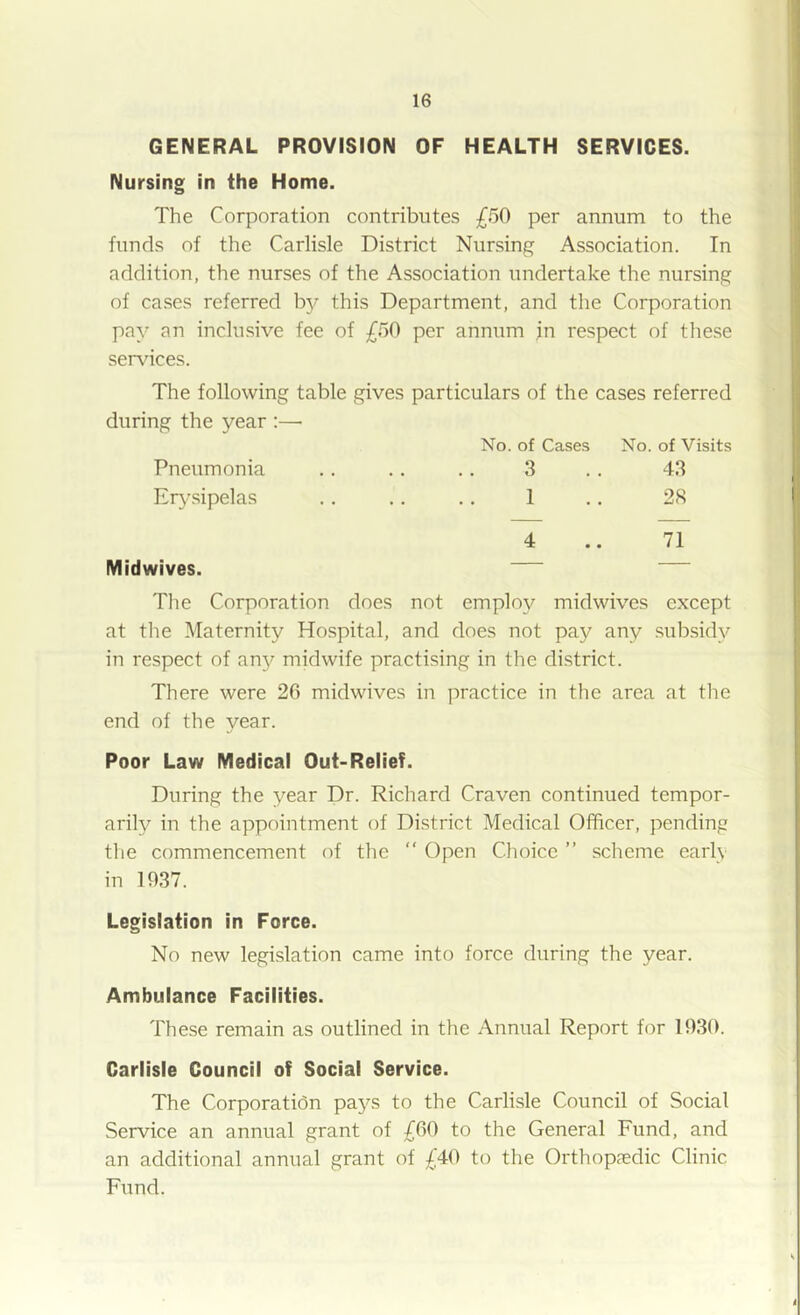 GENERAL PROVISION OF HEALTH SERVICES. Nursing in the Home. The Corporation contributes £50 per annum to the funds of the Carlisle District Nursing Association. In addition, the nurses of the Association undertake the nursing of cases referred by this Department, and the Corporation pay an inclusive fee of £50 per annum in respect of these services. The following table gives particulars of the cases referred during the year :— No. of Cases No. of Visits Pneumonia .. .. .. 3 .. 43 Erj^sipelas .. ,. .. 1 .. 2.S 4 .. 71 Midwives. The Corporation does not employ midwives except at the Maternity Hospital, and does not pay any subsidy in respect of an}^ midwife practising in the district. There were 26 midwives in practice in the area at the end of the year. Poor Law Medical Out-Relief. During the year Dr. Richard Craven continued tempor- arily in the appointment of District Medical Officer, pending the commencement of the “ Open Choice ” scheme earlv in 1937. Legislation in Force. No new legislation came into force during the year. Ambulance Facilities. These remain as outlined in the Annual Report for 1930. Carlisle Council of Social Service. The Corporation pa3^s to the Carlisle Council of Social Service an annual grant of £60 to the General Fund, and an additional annual grant of £40 to the Orthopjedic Clinic Fund.