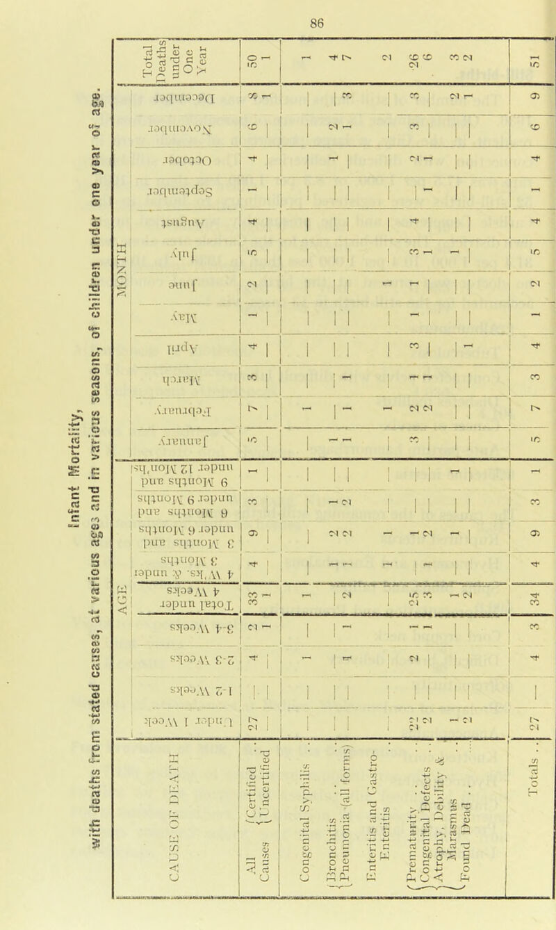 Enfant Mortality, with deaths from stated causes, at various ages and in various seasons, of children under one year of age. i Total Deaths under One Year ■laCj 111309(1 1 1^ 1 CC 1 Cl ^ 05 J3(lUI3.\OX X 1 1 1 ^1 11 CC .i3qo;30 1 1 -- 1 1 Cl- 1 1 .T3quia:)dos -1 111 1 r 1 1 MONTH ■M»f 1 1 1 1 1 CC -H 1 311 n f M 1 1 1 1 - -1 II Cl AUK 1 in 1 ^ 1 11 -> ludy 1 IN 1 1 n cc 1 in 1 11 cc A’.ieiutiOji 1 - n - MM II ■c 1 1 — 1 ^1 II »c ■;q,uoK Zl -lapi”' puB sipuojv^ e ^ 1 1 1 1 1 1 1 - 1 sipnoiy: .lopiin [iiiB smuoiv 9 1 1 ^ Cl I 1 I II cc sqpioK 9 topuii pun sinuo]\[ 9 O) 1 1 M Cl -- ”M - 1 05 sqiuoK' 9 lapnn :y sjj. vV V ^ 1 1 1*^ 1 ■“ II AGE sqo3AV h aapun ie^ox cc 1 ic Cl Cl cc sqaow j-9 Cl ^ 1 n 1 1 1 ■' cc V. Z i - 1 1 ^n II r.-i 1 1 1 1 1 1 M II 1 qoo.w I -lApu.i l>* 1 1 • 1 11 ; c-iM — Cl III 1 Cl l-N Cl CAUSE OF DEATH All H'ertiflcd Causes \ Uncertified Congenital Syphilis .. jUronchitis (Pneumonia (all forms) Enteritis and Gastro- Icntcritis T. ’j +-> ' ^ 'jz ^ ^ t: T K  1 s .t; >, 1 ti h- i fw Q CC E Bf 0^5 E cj C u 2 u o -t-* o CJ -< h Totals ..