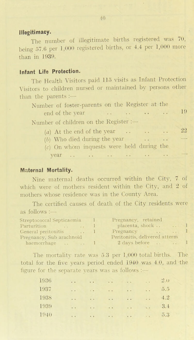 •K> Illegitimacy. The number of illegitimate births registered was 70, being 57.6 per 1,000 registered births, or 4.4 per 1,000 more than in 1930. Infant Life Protection. The Health Msitors paid 1 lo visits as Infant Protection Msitors to children nursed or maintained by persons other than the parents :— Number of foster-parents on the Register at the end of the year .. .. .. •• P* Number of children on the Register :— {a) At the end of the year 22 {!)) Who died during the year .. .. — (c) On whom inquests were held during the year . . .. . . •. .. •• ~ Maternal Mortality. Nine maternal deaths occurred within the City, 7 of which were of mothers resident within the City, and 2 of mothers whose residence was in the County Area. The certilied causes of death of the City residents were as follows :— Streptococcal Septicaemia 1 Pre.gnancy, retained Parturition . . . . 1 placenta, shock . . . . 1 tieneral peritonitis . . 1 Prej'nancy . . • • 1 Pregnancy, Sub arachnoid Peritonitis, delivered atterm haemorrhage . . . . 1 2 days before . . . . 1 The mortality rate was 5.3 per 1,000 total births. The total for the live years period ended 1940 was 4.0, and the figure for the separate years was as follows : - •) 1930 1937 ] 93S 1939 1940 .o 5.5 4.2 3.4 5.3