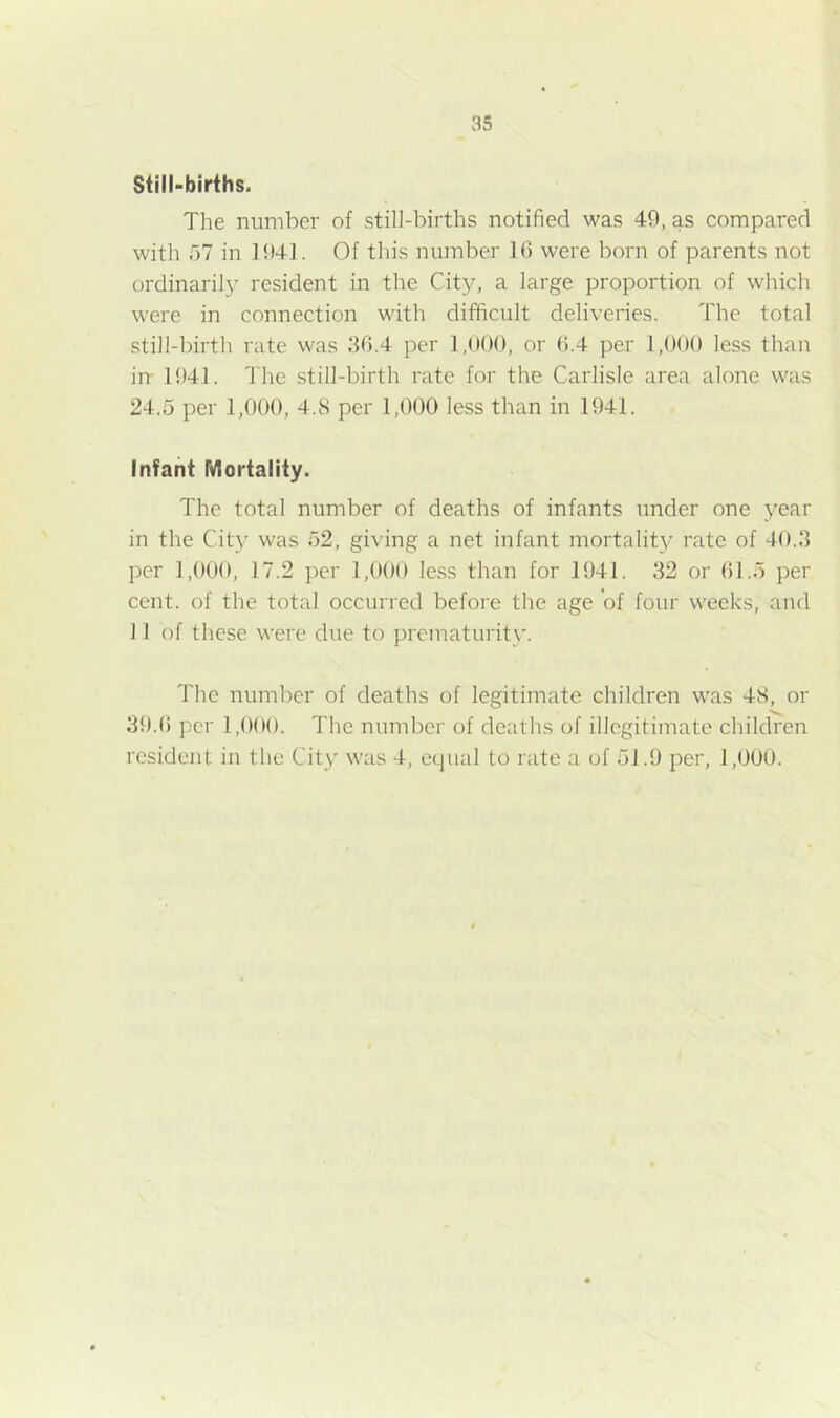 Still-births. The number of still-births notified was 40, as compared with 57 in 1941. Of this number 16 were born of parents not ordinarily resident in the City, a large proportion of which were in connection with difficult deliveries. The total still-birth rate was 30.4 per 1,000, or 0.4 per 1,000 less than in 1941. The still-birth rate for the Carlisle area alone was 24.5 per 1,000, 4.S per 1,000 less than in 1941. Infant Mortality. The total number of deaths of infants under one year in the City was 52, giving a net infant mortality rate of 40.3 per 1,000, 17.2 per 1,000 less than for 1941. 32 or 61.5 per cent, of the total occurred before the age of four weeks, and 11 of these were due to prematurity. The number of deaths of legitimate children was 48, or 39.6 per 1,000. The number of deaths of illegitimate children resident in the City was 4, equal to rate a of 51.9 per, 1,000.