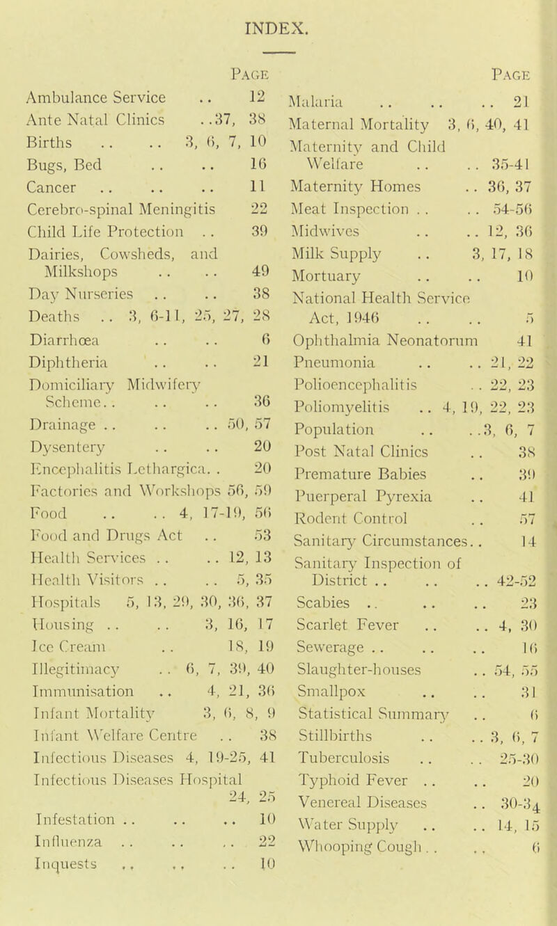 INDEX. Pac'.e Page 11 oo 30 49 .38 ■11, 28 Ambulance Service .. 12 Ante Natal Clinics ..37, 38 Births .. .. 3, 0, 7, 10 Bugs, Bed .. .. 10 Cancer Cerebrc'-spinal Meningitis Child Life Protection .. Dairies, Cowsheds, and Milkshops Daj' Nurseries Deaths .. 3, 0-11, 25, Diarrhoea .. .. 0 Diphtheria .. .. 21 Domiciliaiy Midwifery' Scheme.. .. .. 30 Drainage .. .. .. 50, 57 Dysentery . . .. 20 hhicephalitis Lcthargica. . 20 h'actorics and Workshops 50, 59 Food .. .. 4, 17-19, .50 Fo(xl and Drugs Act .. 53 Health Services .. ..12,13 1 lealth Visitors .. .. 5, .35 lIos])itals 5, 13, 29, .30, ,30, 37 Housing .. .. 3, 10, 17 Ice Cream .. 18, 19 Illegitimac}' . . 0, 7, 39, 40 Immunisation .. 4, 21, .30 Infant IMortality 3, 0, 8, 9 Infant W'clfare Centre .. 38 Infectious Diseases 4, 19-25, 41 Infectious Diseases Hospital 24, 25 Infestation .. .. .. 10 Influenza . . .. ,. 22 Intjuests ., .. .. 10 IMalaria .. 21 Maternal Mortality 3, 0, 40, 41 Maternitv and Child Welfare 35-41 Maternity Homes 30, 37 I\Ieat Inspection . . .54-50 Midwives 12, .30 Milk Supply .. 3 , 17, 18 Mortuary 10 National Health .Service Act, 1940 f) Ophthalmia Neonatorum 41 Pneumonia 21, 22 Polioencephalitis 22 23 Poliom3^elitis .. 4, 19, 22, 22 Population 3, 0, 7 Post Natal Clinics .38 Premature Babies .39 Puerperal Pyrexia 41 Rodent Control o / Sanitary Circumstances.. 14 Sanitary Inspection of District .. . 42-52 Scabies .. 23 Scarlet Fever . 4, 30 Sewerage .. 10 Slaughter-houses . 54, 55 Smallpox 31 Statistical Summar}' 0 Stillbirths 3, (), 7 Tuberculosis 25-30 Typhoid Fever .. 20 Venereal Diseases . 30-34 Water Supply . 14, 15 Whooping Cough . . 0