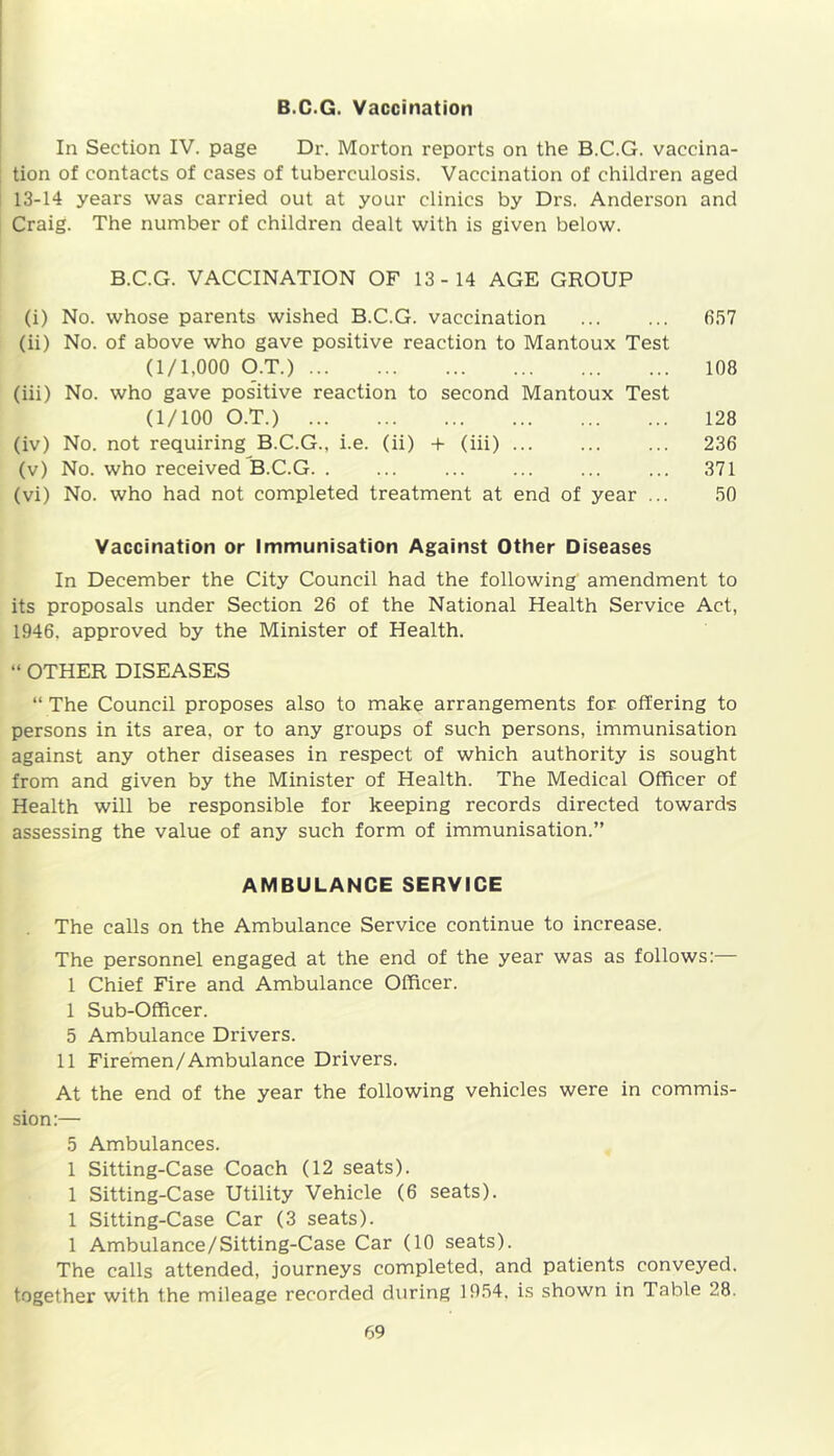 B C G. Vaccination In Section IV. page Dr. Morton reports on the B.C.G. vaccina- tion of contacts of cases of tuberculosis. Vaccination of children aged 13-14 years was carried out at your clinics by Drs. Anderson and Craig. The number of children dealt with is given below. B.C.G. VACCINATION OF 13-14 AGE GROUP (i) No. whose parents wished B.C.G. vaccination 657 (ii) No. of above who gave positive reaction to Mantoux Test (1/1,000 O.T.) 108 (iii) No. who gave positive reaction to second Mantoux Test (1/100 O.T.) 128 (iv) No. not requiring B.C.G., i.e. (ii) + (iii) 236 (v) No. who received B.C.G ... ... ... ... 371 (vi) No. who had not completed treatment at end of year ... 50 Vaccination or Immunisation Against Other Diseases In December the City Council had the following amendment to its proposals under Section 26 of the National Health Service Act, 1946. approved by the Minister of Health. “ OTHER DISEASES “ The Council proposes also to make arrangements for offering to persons in its area, or to any groups of such persons, immunisation against any other diseases in respect of which authority is sought from and given by the Minister of Health. The Medical Officer of Health will be responsible for keeping records directed towards assessing the value of any such form of immunisation.” AMBULANCE SERVICE The calls on the Ambulance Service continue to increase. The personnel engaged at the end of the year was as follows:— 1 Chief Fire and Ambulance Officer. 1 Sub-Officer. 5 Ambulance Drivers. 11 Firemen/Ambulance Drivers. At the end of the year the following vehicles were in commis- sion:— 5 Ambulances. 1 Sitting-Case Coach (12 seats). 1 Sitting-Case Utility Vehicle (6 seats). 1 Sitting-Case Car (3 seats). 1 Ambulance/Sitting-Case Car (10 seats). The calls attended, journeys completed, and patients conveyed, together with the mileage recorded during 1954, is shown in Table 28.