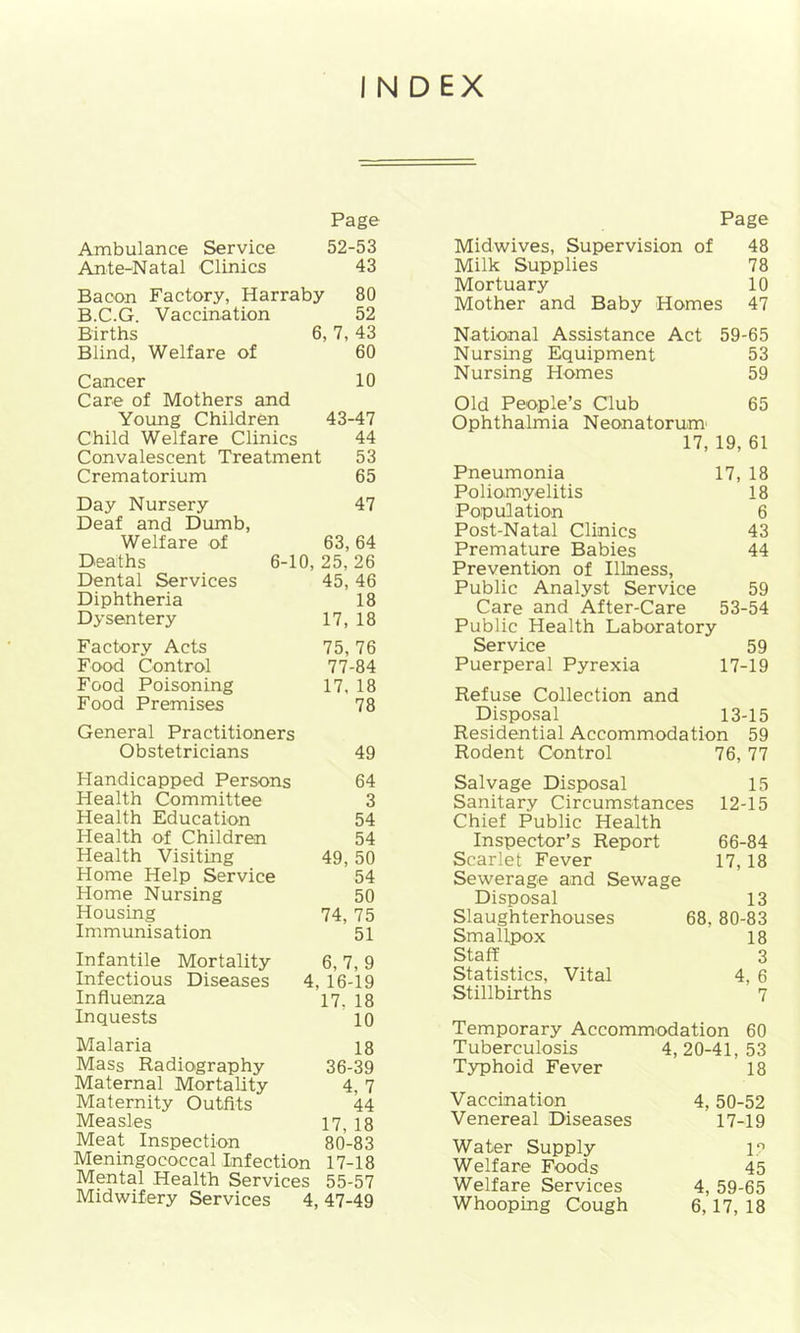 INDEX Page Ambulance Service 52-53 Ante-Natal Clinics 43 Bacon Factory, Harraby 80 B.C.G. Vaccination 52 Births 6, 7, 43 Blind, Welfare of 60 Cancer 10 Care of Mothers and Young Children 43-47 Child Welfare Clinics 44 Convalescent Treatment 53 Crematorium 65 Day Nursery 47 Deaf and Dumb, Welfare of 63, 64 Deaths 6-10, 25, 26 Dental Services 45, 46 Diphtheria 18 Dysentery 17, 18 Factory Acts 75, 76 Food Control 77-84 Food Poisoning 17. 18 Food Premises 78 General Practitioners Obstetricians 49 Handicapped Persons 64 Health Committee 3 Health Education 54 Health of Children 54 Health Visiting 49, 50 Home Help Service 54 Home Nursing 50 Housing 74, 75 Immunisation 51 Infantile Mortality 6, 7, 9 Infectious Diseases 4, 16-19 Influenza 17. 18 Inquests 10 Malaria 18 Mass Radiography 36-39 Maternal Mortality 4, 7 Maternity Outfits 44 Measles 17, 18 Meat Inspection 80-83 Meningococcal Infection 17-18 Mental Health Services 55-57 Midwifery Services 4, 47-49 Page Midwives, Supervision of 48 Milk Supplies 78 Mortuary 10 Mother and Baby Homes 47 National Assistance Act 59-65 Nursing Equipment 53 Nursing Homes 59 Old People’s Club 65 Ophthalmia Neonatorum' 17, 19, 61 Pneumonia 17, 18 Poliomyelitis 18 Population 6 Post-Natal Clinics 43 Premature Babies 44 Prevention of Illness, Public Analyst Service 59 Care and After-Care 53-54 Public Health Laboratory Service 59 Puerperal Pyrexia 17-19 Refuse Collection and Disposal 13-15 Residential Accommodation 59 Rodent Control 76, 77 Salvage Disposal 15 Sanitary Circumstances 12-15 Chief Public Health Inspector’s Report 66-84 Scarlet Fever 17, 18 Sewerage and Sewage Disposal 13 Slaughterhouses 68, 80-83 Smallpox 18 Staff 3 Statistics, Vital 4, 6 Stillbirths 7 Temporary Accommodation 60 Tuberculosis 4,20-41,53 Typhoid Fever 18 Vaccination 4,50-52 Venereal Diseases 17-19 Water Supply 1,9 Welfare Foods 45 Welfare Services 4, 59-65 Whooping Cough 6, 17, 18