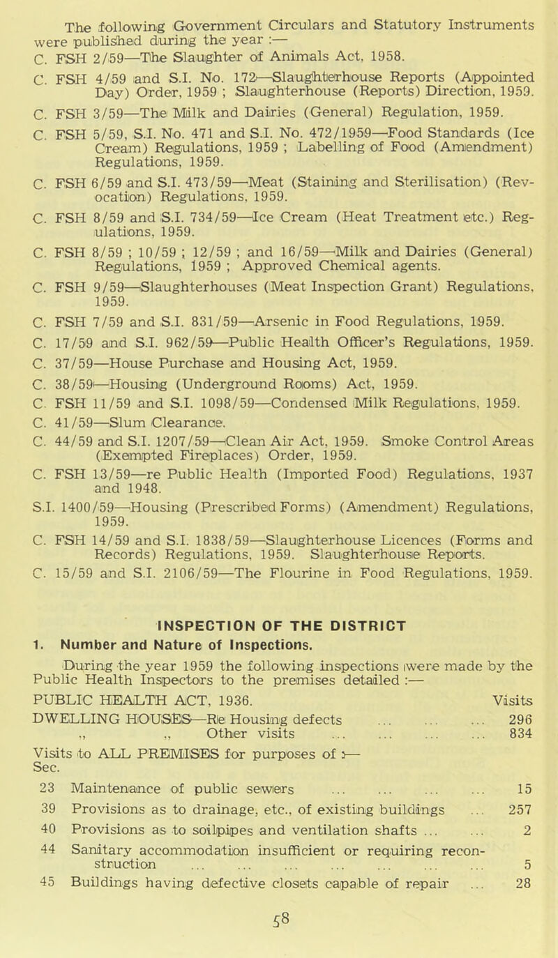 The following Government Circulars and Statutory Instruments were published during the year :— C. FSH 2/59—The Slaughter of Animals Act, 1958. C. FSH 4/59 and S.I. No. 172—Slaughterhouse Reports (Appointed Day) Order, 1959 ; Slaughterhouse (Reports) Direction, 1959. C. FSH 3/59—The Miilk and Dairies (General) Regulation, 1959. C. FSH 5/59, S.I. No. 471 and S.I. No. 472/1959—Food Standards (Ice Cream) Regulations, 1959 ; Labelling of Food (Amiendment) Regulations, 1959. C. FSH 6/59 and S.I. 473/59—'Meat (Staining and Sterilisation) (Rev- ocation) Regulations, 1959. C. FSH 8/59 and S.I. 734/59—^Ice Cream (Heat Treatment etc.) Reg- ulations, 1959. C. FSH 8/59 ; 10/59 ; 12/59 ; and 16/59—^Milk and Dairies (General) Regulations, 1959 ; Approved Chemical agents. C. FSH 9/59—^Slaughterhouses (Meat Inspection Grant) Regulations, 1959. C. FSH 7/59 and S.I. 831/59—Arsenic in Food Regulations, 1959. C. 17/59 and S.I. 962/59—Public Health Officer’s Regulations, 1959. C. 37/59—House Purchase and Housing Act, 1959. C. 38/59'—Housing (Underground Rooms) Act, 1959. C. FSH 11/59 and S.I. 1098/59—Condensed Milk Regulations, 1959. C. 41/59—Slum Clearance. C. 44/59 and S.I. 1207/59—^Clean Air Act, 1959. Smoke Control Areas (Exempted Fireplaces) Order, 1959. C. FSH 13/59—re Public Health (Imported Food) Regulations, 1937 and 1948. S.I. 1400/59—'Housing (Prescribed Forms) (Amendment) Regulations, 1959. C. FSH 14/59 and S.I. 1838/59—Slaughterhouse Licences (Forms and Records) Regulations, 1959. Slaughteihousie Reports. C. 15/59 and S.I. 2106/59—The Flourine in Food Regulations, 1959. INSPECTION OF THE DISTRICT 1. Number and Nature of Inspections. During the year 1959 the following inspections iwere made by the Public Health Inspectors to the premises detailed :— PUBLIC HEALTH ACT, 1936. Visits DWELLING HOUSES—Re Housing defects 296 ., Other visits ... ... ... ... 834 Visits to ALL PREMISES for purposes of :— Sec. 23 Maintenance of public sewiers ... ... ... ... 15 39 Provisions as to drainage, etc., of existing buildings ... 257 40 Provisions as to soilpipes and ventilation shafts ... ... 2 44 Sanitary accommodation insufficient or requiring recon- struction ... ... ... ... ... ... ... 5 45 Buildings having defective closets capable of repair ... 28