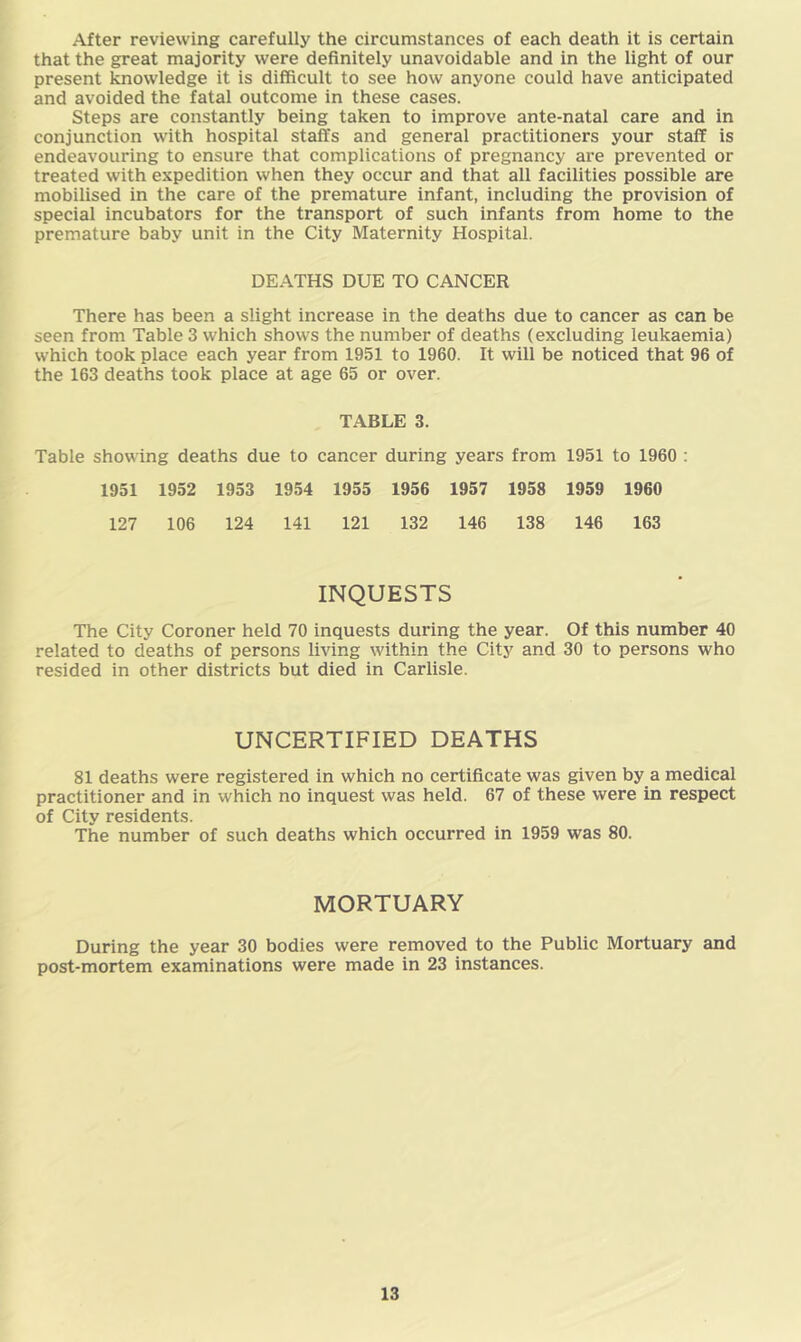 After reviewing carefully the circumstances of each death it is certain that the great majority were definitely unavoidable and in the light of our present knowledge it is difficult to see how anyone could have anticipated and avoided the fatal outcome in these cases. Steps are constantly being taken to improve ante-natal care and in conjunction with hospital staffs and general practitioners your staff is endeavouring to ensure that complications of pregnancy are prevented or treated with expedition when they occur and that all facilities possible are mobilised in the care of the premature infant, including the provision of special incubators for the transport of such infants from home to the premature baby unit in the City Maternity Hospital. DEATHS DUE TO CANCER There has been a slight increase in the deaths due to cancer as can be seen from Table 3 which shows the number of deaths (excluding leukaemia) which took place each year from 1951 to 1960. It will be noticed that 96 of the 163 deaths took place at age 65 or over. TABLE 3. Table showing deaths due to cancer during years from 1951 to 1960 1951 1952 1953 1954 1955 1956 1957 1958 1959 1960 127 106 124 141 121 132 146 138 146 163 INQUESTS The City Coroner held 70 inquests during the year. Of this number 40 related to deaths of persons living within the City and 30 to persons who resided in other districts but died in Carlisle. UNCERTIFIED DEATHS 81 deaths were registered in which no certificate was given by a medical practitioner and in which no inquest was held. 67 of these were in respect of City residents. The number of such deaths which occurred in 1959 was 80. MORTUARY During the year 30 bodies were removed to the Public Mortuary and post-mortem examinations were made in 23 instances.