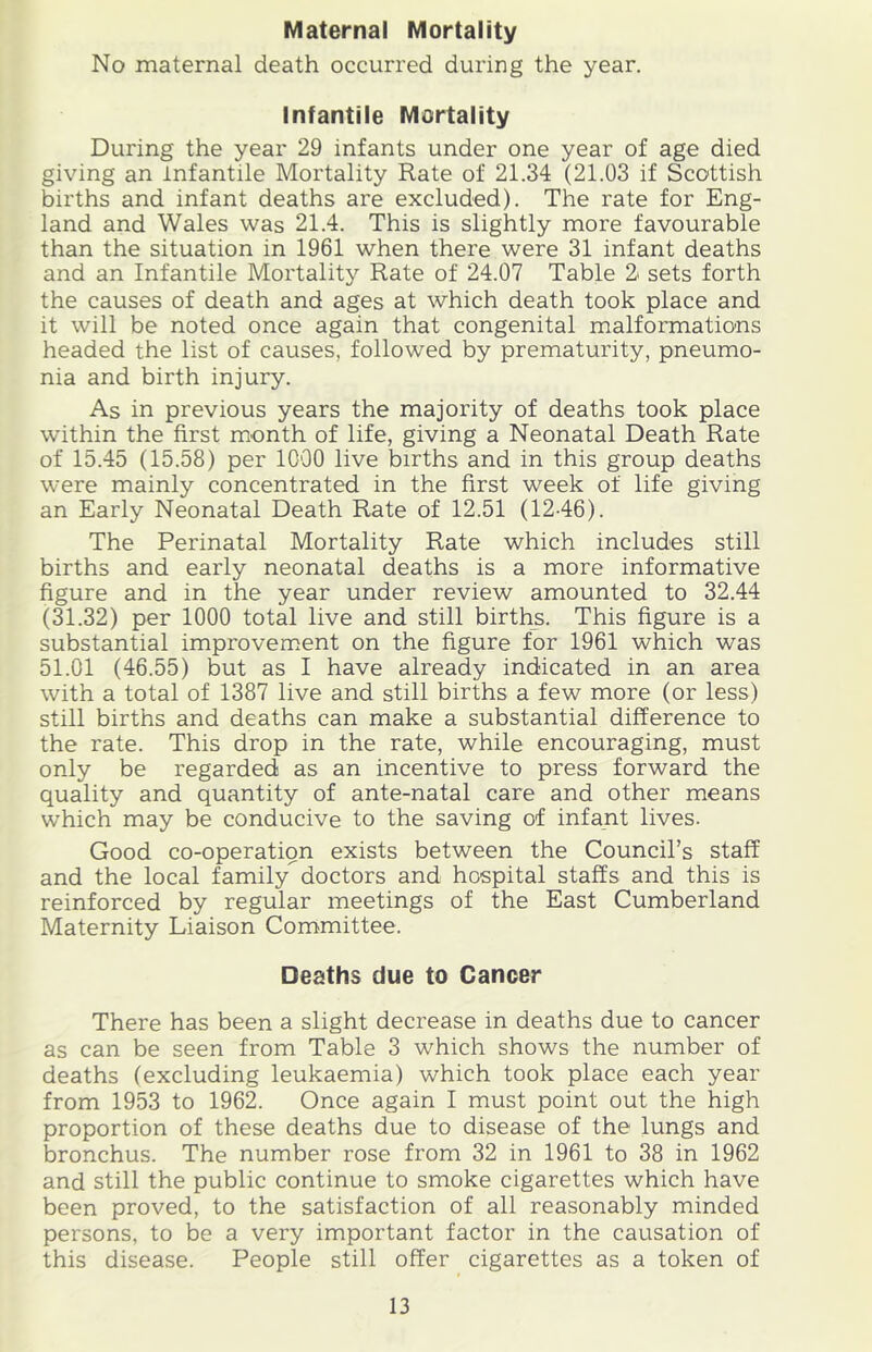 Maternal Mortality No maternal death occurred during the year. Infantile Mortality During the year 29 infants under one year of age died giving an infantile Mortality Rate of 21.34 (21.03 if Scottish births and infant deaths are excluded). The rate for Eng- land and Wales was 21.4. This is slightly more favourable than the situation in 1961 when there were 31 infant deaths and an Infantile Mortality Rate of 24.07 Table 2< sets forth the causes of death and ages at which death took place and it will be noted once again that congenital malformations headed the list of causes, followed by prematurity, pneumo- nia and birth injury. As in previous years the majority of deaths took place within the first month of life, giving a Neonatal Death Rate of 15.45 (15.58) per 1000 live births and in this group deaths were mainly concentrated in the first week of life giving an Early Neonatal Death Rate of 12.51 (12-46). The Perinatal Mortality Rate which includes still births and early neonatal deaths is a more informative figure and in the year under review amounted to 32.44 (31.32) per 1000 total live and still births. This figure is a substantial improvement on the figure for 1961 which was 51.01 (46.55) but as I have already indicated in an area with a total of 1387 live and still births a few more (or less) still births and deaths can make a substantial difference to the rate. This drop in the rate, while encouraging, must only be regarded as an incentive to press forward the quality and quantity of ante-natal care and other means which may be conducive to the saving of infant lives. Good co-operation exists between the Council’s staff and the local family doctors and hospital staffs and this is reinforced by regular meetings of the East Cumberland Maternity Liaison Committee. Deaths due to Cancer There has been a slight decrease in deaths due to cancer as can be seen from Table 3 which shows the number of deaths (excluding leukaemia) which took place each year from 1953 to 1962. Once again I must point out the high proportion of these deaths due to disease of the lungs and bronchus. The number rose from 32 in 1961 to 38 in 1962 and still the public continue to smoke cigarettes which have been proved, to the satisfaction of all reasonably minded persons, to be a very important factor in the causation of this disease. People still offer cigarettes as a token of