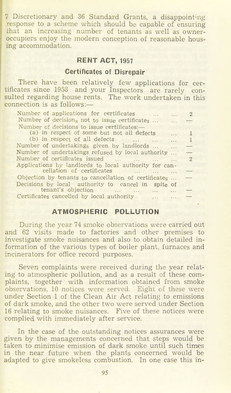 j 7 Discretionary and 36 Standard Grants, a disappointing^ III response to a scheme which should be capable of ensuring ^ that an increasing number of tenants as well as owner- li occupiers enjoy the modern conception of reasonable hous- i ing accommodation. RENT ACT, 1957 Certificates of Disrepair There have been relatively few applications for cer- tificates since 1953 and your Inspectors are rarely con- sulted regarding house rents. The work undertaken in this connection is as follows:— Number of applications for certificates Number of decision^ not to issue certificates ... Number of decisions to issue certificates;— (a) in respect of some but not all defects (b) in respect of all defects Number of undertakings given by landlords ... Number of undertakings refused by local authority Number of certificates issued Applications by landlords to local authority for can- cellation of certificates Objection by tenants to cancellation of certificates Decisions by local authority to cancel in spite of tenant’s objection Certificates cancelled by local authority 2 1 1 2 ATMOSPHERIC POLLUTION During the year 74 smoke observations were carried out and 62 visits made to factories and other premises to investigate smoke nuisances and also to obtain detailed in- formation of the various types of boiler plant, furnaces and incinerators for office record purposes. Seven complaints were received during the year relat- ing to atmospheric pollution, and as a result of these com- plaints, together with information obtained from smoke observations, 10 notices were served. Eight of these were under Section 1 of the Clean Air Act relating to emissions of dark smoke, and the other two were served under Section 16 relating to smoke nuisances. Five of these notices were complied with immediately after service. In the case of the outstanding notices assurances were given by the managements concerned that steps would be taken to minimise emission of dark smoke until such times in the near future when the plants concerned would be adapted to give smokeless combustion. In one case this in-