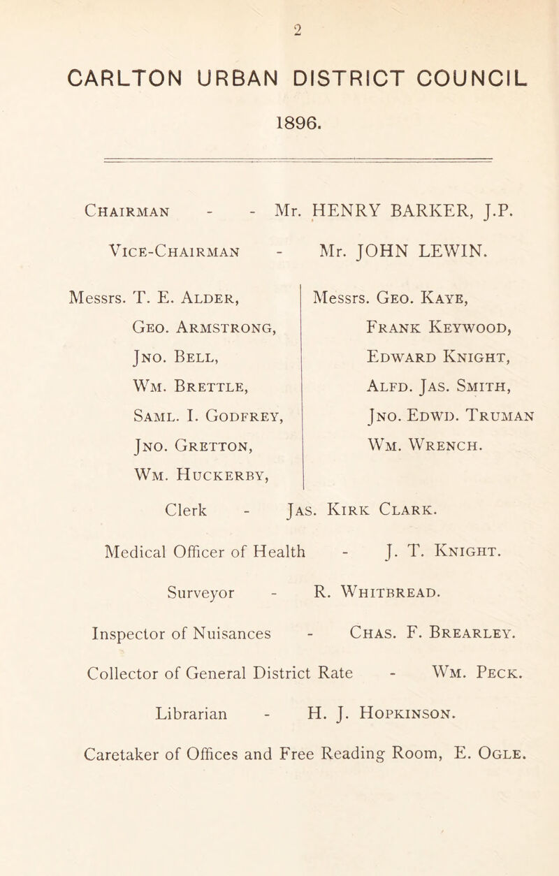 CARLTON URBAN DISTRICT COUNCIL 1896. Chairman - - Mr. HENRY BARKER, J.P. Vice-Chairman Mr. JOHN LEWIN. Messrs. T. E. Alder, Messrs. Geo. Kaye, Geo. Armstrong, Frank Keywood, Jno. Bell, Edward Knight, Wm. Brettle, Alfd. Jas. Smith, Saml. I. Godfrey, Jno. Edwd. Truman Jno. Gretton, Wm. Huckerby, Wm. Wrench. Clerk - Jas. Kirk Clark. Medical Officer of Health - J. T. Knight. Surveyor R. Whitbread. Inspector of Nuisances Chas. F. Brearley. Collector of General District Rate - Wm. Peck. Librarian - H. J. Hopkinson. Caretaker of Offices and Free Reading Room, E. Ogle.