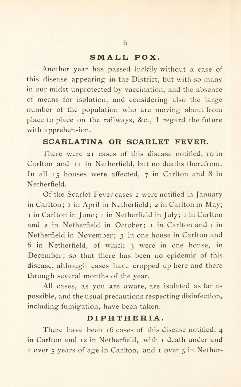 SMALL POX. Another year has passed luckily without a case of this disease appearing' in the District, but with so many in our midst unprotected by vaccination, and the absence of means for isolation, and considering also the larg'e number of the population who are moving about from place to place on the railways, &c., I regard the future with apprehension. SCARLATINA OR SCARLET FEVER. There were 21 cases of this disease notified, 10 in Carlton and ii in Netherfield, but no deaths therefrom. In all 15 houses were affected, 7 in Carlton and 8 in Netherfield. Of the Scarlet Fever cases 2 were notified in January in Carlton; i in April in Netherfield; 2 in Carlton in May; I in Carlton in June; i in Netherfield in July; i in Carlton and 2 in Netherfield in October; i in Carlton and i in Netherfield in November; 3 in one house in Carlton and 6 in Netherfield, of which 3 were in one house, in December; so that there has been no epidemic of this disease, although cases have cropped up here and there through several months of the year. All cases, as you are aware, are isolated as far as possible, and the usual precautions respecting disinfection^ including fumigation, have been taken. DIPHTHERIA. There have been 16 cases of this disease notified, 4 in Carlton and 12 in Netherfield, with i death under and I over 5 years of age in Carlton, and i over 5 In Nether-