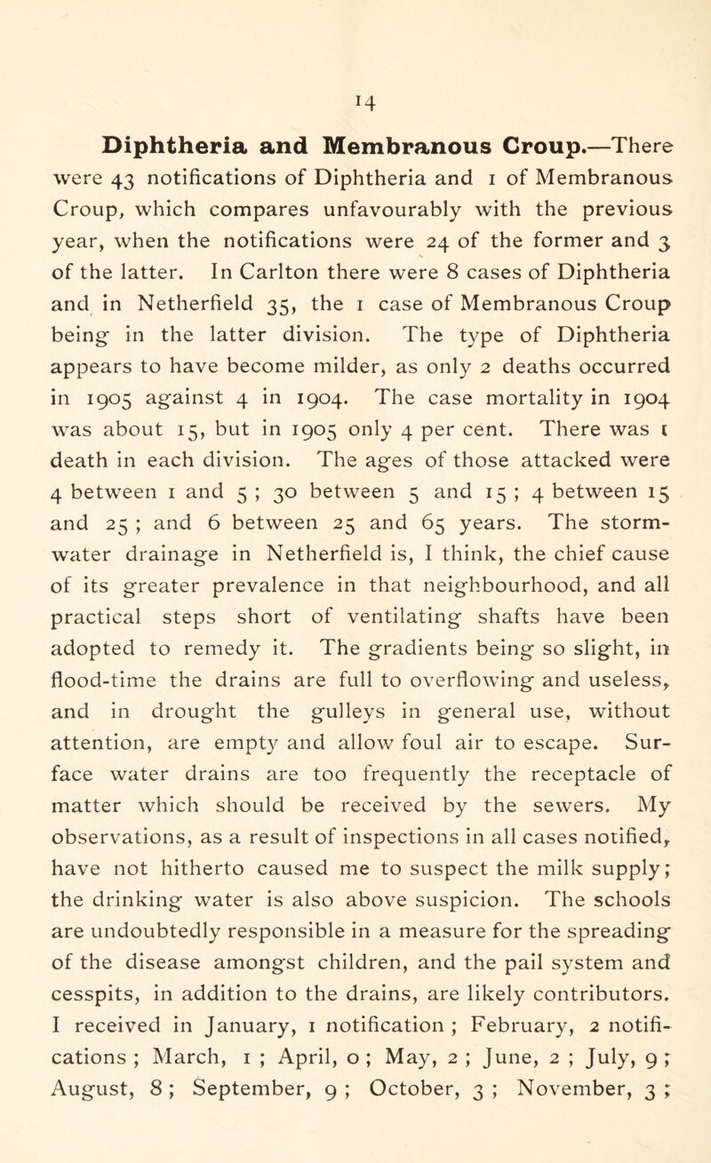 Diphtheria and Membranous Croup.—There were 43 notifications of Diphtheria and i of Membranous Croup, which compares unfavourably with the previous year, when the notifications were 24 of the former and 3 of the latter. In Carlton there were 8 cases of Diphtheria and in Netherfield 35, the i case of Membranous Croup being in the latter division. The type of Diphtheria appears to have become milder, as only 2 deaths occurred in 1905 against 4 in 1904. The case mortality in 1904 was about 15, but in 1905 only 4 per cent. There was i death in each division. The ages of those attacked were 4 between i and 5 ; 30 between 5 and 15 ; 4 between 15 and 25 ; and 6 between 25 and 65 years. The storm- water drainage in Netherfield is, I think, the chief cause of its greater prevalence in that neighbourhood, and all practical steps short of ventilating shafts have been adopted to remedy it. The gradients being so slight, in flood-time the drains are full to overflowing and useless, and in drought the gulleys in general use, without attention, are empty and allow foul air to escape. Sur- face water drains are too frequently the receptacle of matter which should be received by the sewers. My observations, as a result of inspections in all cases notified, have not hitherto caused me to suspect the milk supply; the drinking water is also above suspicion. The schools are undoubtedly responsible in a measure for the spreading of the disease amongst children, and the pail system and cesspits, in addition to the drains, are likely contributors. I received in January, i notification ; February, 2 notifi- cations ; March, i ; April, o ; May, 2 ; June, 2 ; July, 9 ;