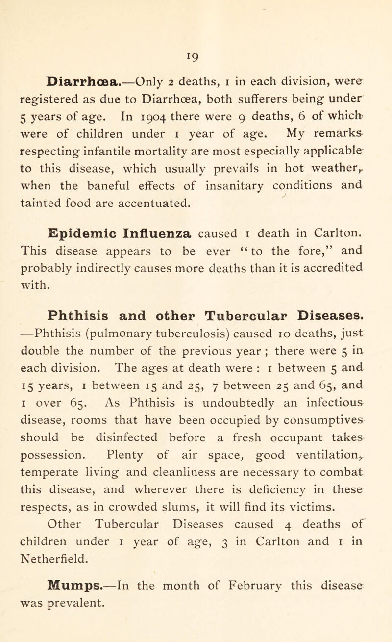 Diarrhoea.—Only 2 deaths, I in each division, ’were registered as due to Diarrhoea, both sufferers being under 5 years of age. In 1904 there were 9 deaths, 6 of which were of children under i year of age. My remarks respecting infantile mortality are most especially applicable to this disease, which usually prevails in hot weather^ when the baneful effects of insanitary conditions and tainted food are accentuated. Epidemic Influenza caused i death in Carlton. This disease appears to be ever “to the fore,” and probably indirectly causes more deaths than it is accredited with. Phthisis and other Tubercular Diseases. —Phthisis (pulmonary tuberculosis) caused 10 deaths, just double the number of the previous year ; there were 5 in each division. The ages at death were : i between 5 and 15 years, i between 15 and 25, 7 between 25 and 65, and I over 65. As Phthisis is undoubtedly an infectious disease, rooms that have been occupied by consumptives should be disinfected before a fresh occupant takes possession. Plenty of air space, good ventilation,, temperate living and cleanliness are necessary to combat this disease, and wherever there is deficiency in these respects, as in crowded slums, it will find its victims. Other Tubercular Diseases caused 4 deaths of children under i year of age, 3 in Carlton and i in Netherfield. Mumps.—In the month of February this disease was prevalent.