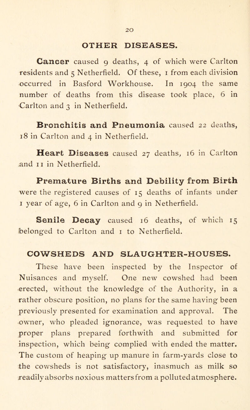 OTHER DISEASES. Cancer caused 9 deaths, 4 of which were Carlton residents and 5 Netherfield. Of these, i from each division occurred in Basford Workhouse. In 1904 the same number of deaths from this disease took place, 6 in Carlton and 3 in Netherfield. Bronchitis and Pneumonia caused 22 deaths, 18 in Carlton and 4 in Netherfield. Heart Diseases caused 27 deaths, 16 in Carlton .and II in Netherfield. Premature Births and Debility from Birth were the registered causes of 15 deaths of infants under I 3^ear of age, 6 in Carlton and 9 in Netherfield. Senile Decay caused 16 deaths, of which 15 belonged to Carlton and i to Netherfield. COWSHEDS AND SLAUGHTER-HOUSES. These have been inspected by the Inspector of Nuisances and myself. One new cowshed had been -erected, without the knowledge of the Authority, in a rather obscure position, no plans for the same having been previously presented for examination and approval. The -owner, who pleaded ignorance, was requested to have proper plans prepared forthwith and submitted for inspection, which being complied with ended the matter. The custom of heaping up manure in farm-yards close to the cowsheds is not satisfactory, inasmuch as milk so readily absorbs noxious matters from a polluted atmosphere.