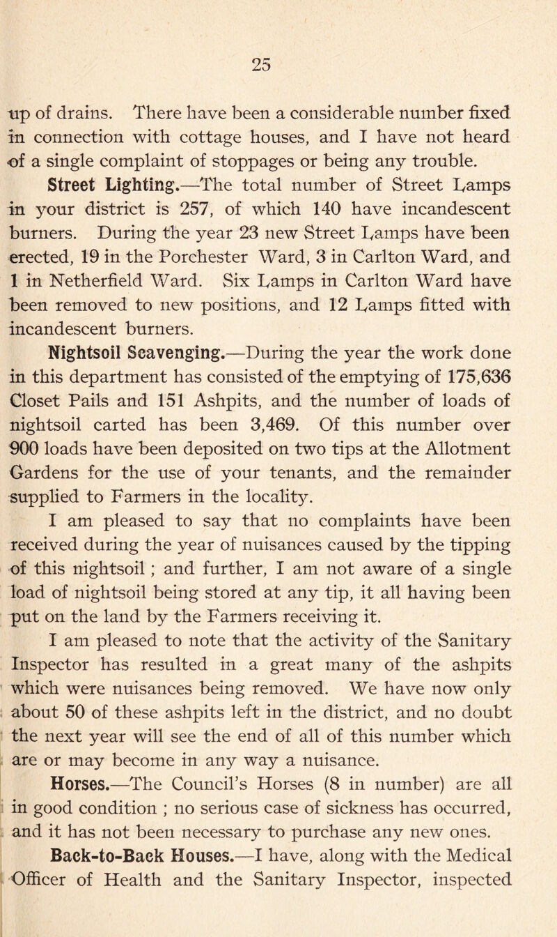tip of drains. There have been a considerable number fixed in connection with cottage houses, and I have not heard of a single complaint of stoppages or being any trouble. Street Lighting.—The total number of Street Tamps In your district is 257, of which 140 have incandescent burners. During the year 23 new Street Tamps have been erected, 19 in the Porchester Ward, 3 in Carlton Ward, and 1 in Netherfield Ward. Six Tamps in Carlton Ward have been removed to new positions, and 12 Tamps fitted with incandescent burners. Nightsoil Scavenging.—During the year the work done in this department has consisted of the emptying of 175,636 Closet Pails and 151 Ashpits, and the number of loads of nightsoil carted has been 3,469. Of this number over 900 loads have been deposited on two tips at the Allotment Gardens for the use of your tenants, and the remainder supplied to Farmers in the locality. I am pleased to say that no complaints have been received during the year of nuisances caused by the tipping of this nightsoil; and further, I am not aware of a single load, of nightsoil being stored at any tip, it all having been put on the land by the Farmers receiving it. I am pleased to note that the activity of the Sanitary Inspector has resulted in a great many of the ashpits which were nuisances being removed. We have now only about 50 of these ashpits left in the district, and no doubt the next year will see the end of all of this number which are or may become in any way a nuisance. Horses.—The Council’s Horses (8 in number) are all in good condition ; no serious case of sickness has occurred, and it has not been necessary to purchase any new ones. Back-to-Back Houses.—I have, along with the Medical Officer of Health and the Sanitary Inspector, inspected