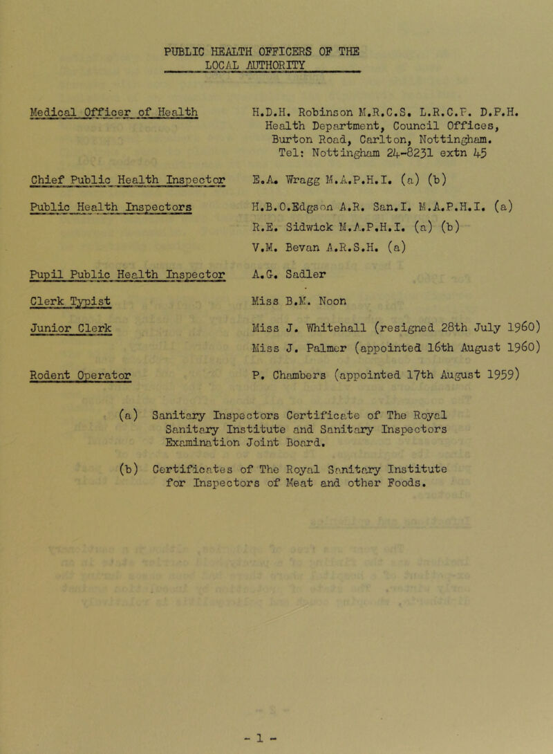 PUBLIC HEALTH OFFICERS OF THE LOCAL AUTHORITY Medical Officer of Health H.D.H. Robinson M.R.C.S. L.R.C.F. D.P.H. Health Department, Council Offices, Burton Road, Carlton, Nottingham. Tel: Nottingham 2A-8231 extn A5 Chief Public Health Inspector E,A.« Wragg M.A.P.H.I, (a) (b) Public Health Inspectors —i—m i-*«- ti WI1W.—E—n— H.B.O.Edgson A.R. San.I. M.A.P.H.I, (a) R.E. Sidwick M.A.P.H.I. (a) (b) V.M. Bevan A.R.S.H. (a) Pupil Public Health Inspector Clerk Typist Junior Clerk Rodent Operator A.C. Sadler Miss B.M. Noon Miss J. Whitehall (resigned 28th July I960) Miss J. Palmer (appointed l6th August i960) P, Chambers (appointed 17th August 1959) (a) Sanitary Inspectors Certificate of The Royal Sanitajry Institute and Sanitary Inspectors Examination Joint Board, (b) Certificates of The Royal Sanitary Institute for Inspectors of Meat and other Foods.