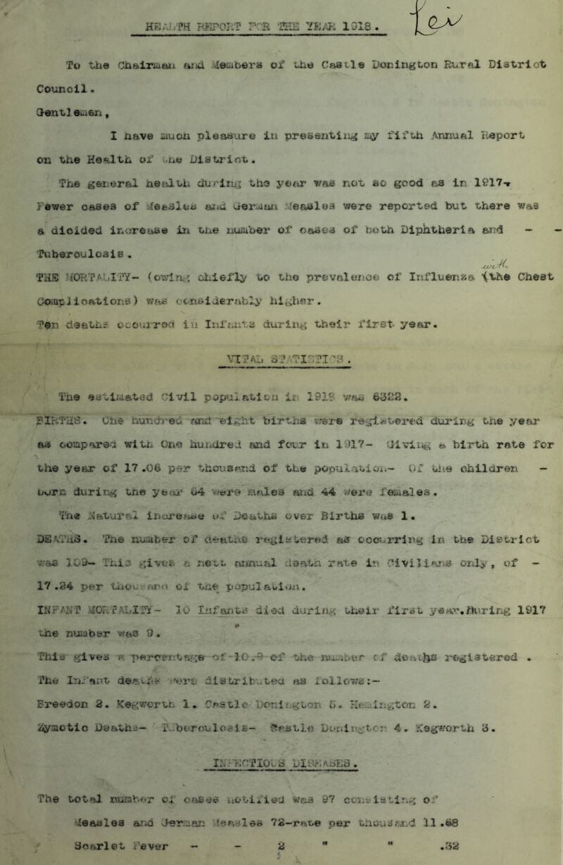 REPORT TOR THE 7EAh 1013 To tiie Chairman mtd /^embers of ube Caetle iJObingbob Rbral Dl&trloti ’ ■ Cour.oll. aen^leuiistri, I nave iiiuon pleaa^ire in presenting niy fiPOi .Minual Tleport 0X1 the Health of ^ne Distrlnt. The general aetiith during the year was non ac good as in 1617tt Fewer oases of Jefeslea mid deiuatjii J'jeaslea were reported but there was .{ a dloided increase in one nuaiber o.f.‘ cases of both Diphtheria and — Tnberouloais, TdS MORTAhlOT- (owlnc; ciiierly to the prevalence ol’ Influenza ^the Chest Cioittii oat ions) was considerably higher, , \ Ten cleathf ocouirod iu Inidaita during their rirst year. VTTAli 3T\?XPTI^B . The estlidatiBd Civil populatloii 191? v/a« 63C2. BIRTHS. Che hunch-ed births vrsr© rhgi^tei'ed during tne year ftij coispared with One huiidred and fct:r in 191?- aivliig » birth rate for the year of 17 .06 per thousand of the pooulatica.- Of the ehildren — horn during tne yeci' u4 v/ere eiales ajid 44 were feiiiales. Tne d'&tural incioefitte h.f Deaths over Births wue 1. DEATiiS. Tne ninaber of deaths registered as ooo?..rrli^g In the District was 10.9~ Thic givct c nett atmual deatn rate i*'. CivillariS only , of — 17.6.4 per thuut^^arn oi the pcpulatioix. INF/HT .MCRTAI/irY- 10 liifants died during their first yea'‘%/‘.kirlng 1917 » the miiaber waa 9. This gives“•« perdertnf.;;© cf-10.-9 ef the wthber cf doachs registered . The I'D'ant de/f.j-hs' ncrt dlstrlbutea as i'oilows; :~ Breedors 2. Kegwcrth 1. Ccstle-lx>r.ltgtor o. Hcsilngtcm 2. ijytictic Dy&tha- ' rv..btrculo^l£'- Spastic Donlcgtcr 4. X9g*?/orth 3. iy'iT;cTioua px/vdes . The total isuiabar of o?iSee uotlfied w/s-s 97 ccr;»i3ting of ^leaslea arid Der^an -IffaHleo 7S-raue per thoussr.d 11 .68 »t yoarlet Pever .32