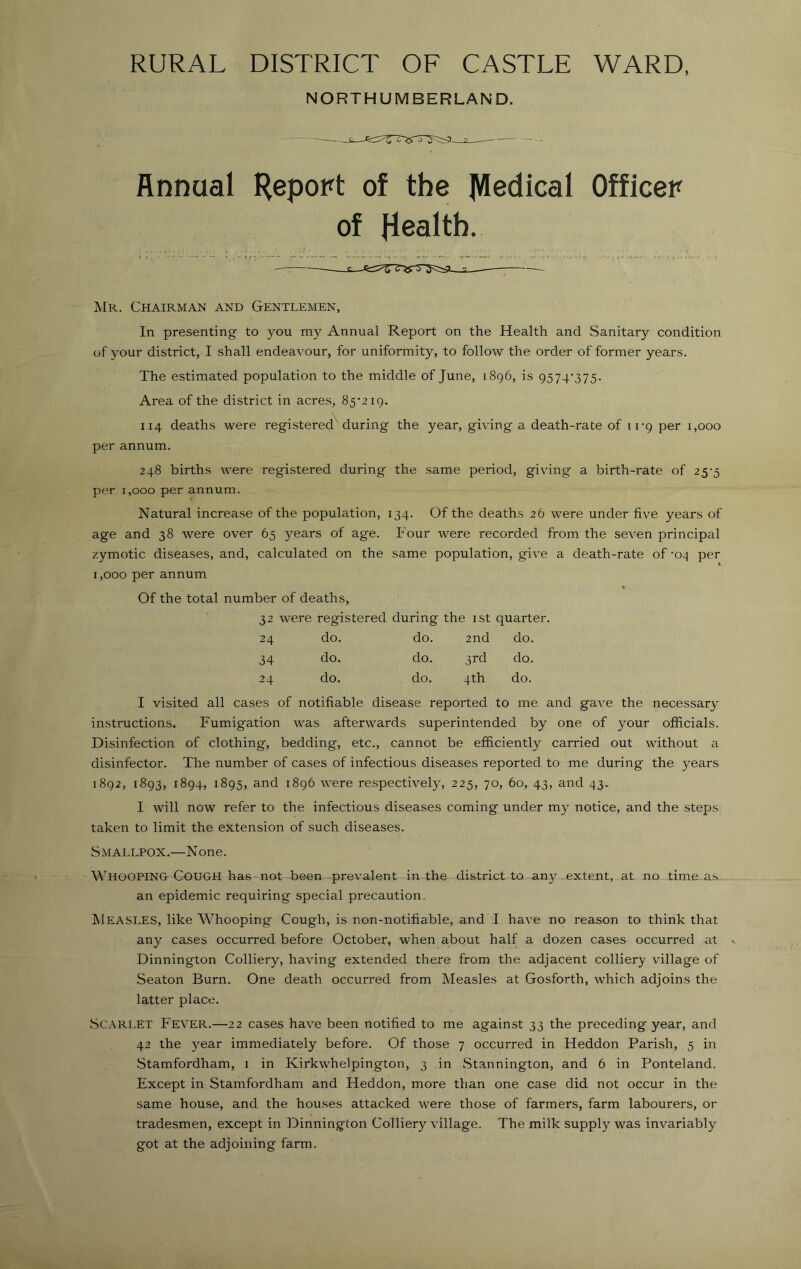 RURAL DISTRICT OF CASTLE WARD NORTHUMBERLAND. Annual HepoPt of the IVledical Officer of Health. — — —- Mr. Chairman and Gentlemen, In presenting to you my Annual Report on the Health and Sanitary condition of your district, I shall endeavour, for uniformity, to follow the order of former years. The estimated population to the middle of June, i8g6, is 9574’375. Area of the district in acres, 85*219. 114 deaths were registered^ during the year, giving a death-rate of irg per 1,000 per annum. 248 births were registered during the same period, giving a birth-rate of 25-5 per 1,000 per annum. Natural increase of the population, 134. Of the deaths 26 were under five years of age and 38 were over 65 years of age. Four were recorded from the seven principal zymotic diseases, and, calculated on the same population, give a death-rate of -04 per 1,000 per annum Of the total number of deaths, 32 were registered during the ist quarter. 24 do. do. 2nd do. 34 do. do. 3rd do. 24 do. do. 4 th do. I visited all cases of notifiable disease reported to me and gave the necessary instructions. Fumigation was afterwards superintended by one of your officials. Disinfection of clothing, bedding, etc., cannot be efficiently carried out without a disinfector. The number of cases of infectious diseases reported to me during the years 1892, 1893, 1894, 1895, and 1896 were respectively, 225, 70, 60, 43, and 43. I will now refer to the infectious diseases coming under my notice, and the steps taken to limit the extension of such diseases. Smallpox.—None. Whooping Cough has not been prevalent in the district to any extent, at no time, as an epidemic requiring special precaution. Measles, like Whooping Cough, is non-notifiable, and I have no reason to think that any cases occurred before October, when about half a dozen cases occurred at Dinnington Colliery, having extended there from the adjacent colliery village of Seaton Burn. One death occurred from Measles at Gosforth, which adjoins the latter place. .Scarlet Fever.—22 cases have been notified to me against 33 the preceding year, and 42 the ymar immediately before. Of those 7 occurred in Heddon Parish, 5 in Stamfordham, i in Kirkwhelpington, 3 in Stannington, and 6 in Ponteland. .Except in Stamfordham and Heddon, more than one case did not occur in the same house, and the houses attacked were those of farmers, farm labourers, or tradesmen, except in Dinnington Colliery village. The milk supply was invariably got at the adjoining farm.