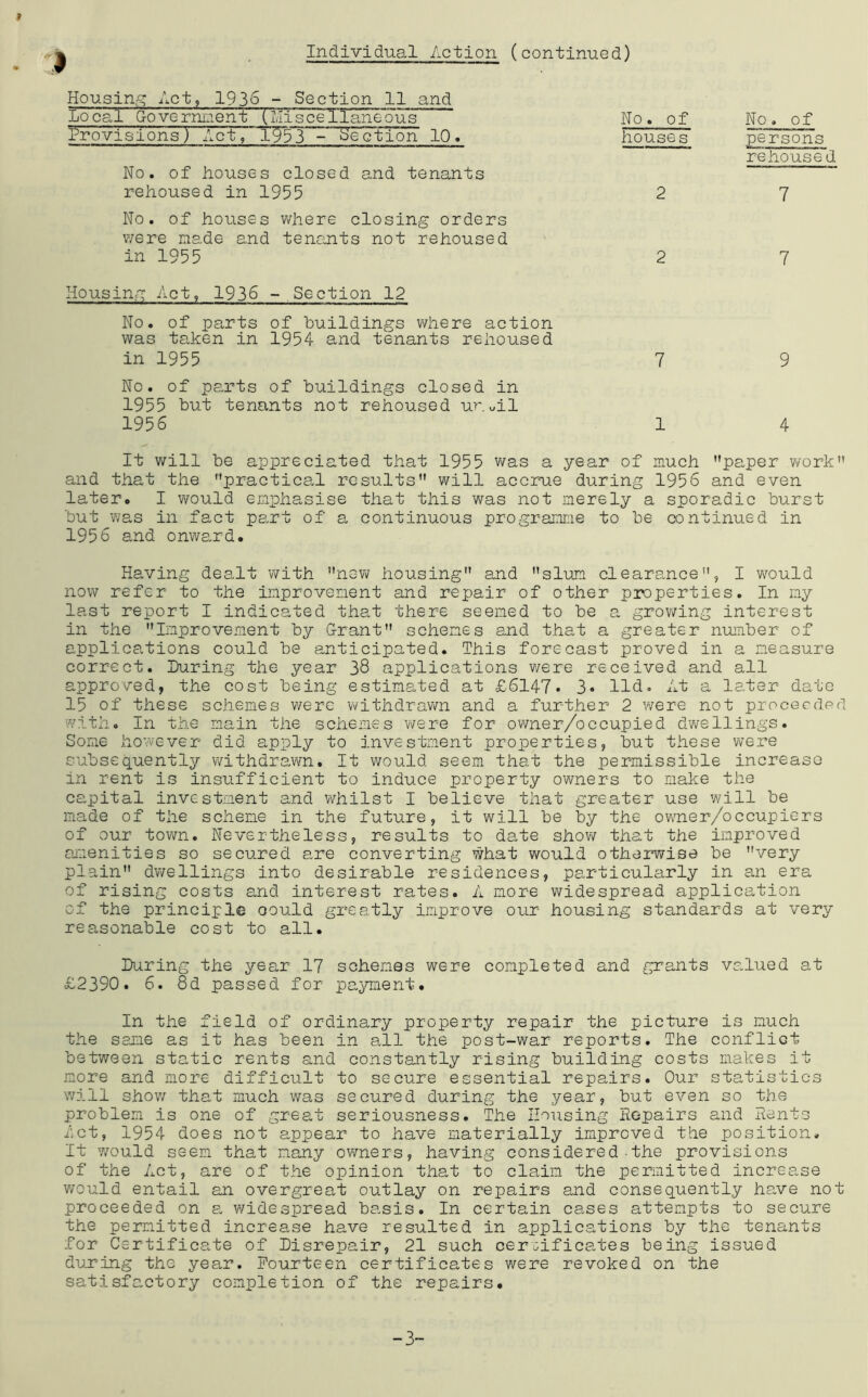 Individual Action (continued) Housin,.?^ Act, 1936 - Section 11 and Local G-overnnient (Miscellaneous Provisions) Act, 1^3 - Section 10, No. of houses closed and tenants rehoused in 1955 No. of houses where closing orders v/ere made and tenants not rehoused in 1955 No . of No. of houses persons rehoused 2 7 2 7 Housing Act, 1936 -Section 12 No. of parts of buildings where action was taken in 1954 and tenants rehoused in 1955 7 9 No. of parts of buildings closed in 1955 but tenants not rehoused ur^il 1956 1 4 It will be appreciated that 1955 was a year of much paper work and that the practical results will accrue during 1956 and even later. I would emxDhasise that this was not merely a sporadic burst but was in fact part of a continuous programme to be continued in 1956 and onward. Having dealt with nsv\/ housing and slum clearance, I v\/ould now refer to the improvement and repair of other properties. In my last report I indicated that there seemed to be a grov/ing interest in the Improvement by Grant schemes and that a greater number of applications could be anticipated. This forecast proved in a measure correct. Luring the year 38 applications v/ere received and all approved, the cost being estimated at £6147• 3« lid. At a later date 15 of these schemes were withdrawn and a further 2 were not proceeded with. In the main the schemes were for owner/occupied dwellings. Some however did apply to investment properties, but these were subsequently withdrawn. It would seem that the permissible increase in rent is insufficient to induce property owners to make the capital investment and whilst I believe that greater use W'ill be made of the scheme in the future, it will be by the ov/ner/occupiers of our town. Nevertheless, results to date show that the improved amenities so secured are converting what would otherwise be very plain dwellings into desirable residences, particularly in an era of rising costs and interest rates. A more widespread application of the principle oould greatly improve our housing standards at very reasonable cost to all. Luring the year 17 schemes were completed and grants valued at £2390. 6. 8d passed for payment. In the field of ordinary property repair the picture is much the same as it has been in all the post-war reports. The conflict between static rents and constantly rising building costs makes it more and more difficult to secure essential repairs. Our statistics will shov/ that much was secured during the year, but even so the problem is one of grea,t seriousness. The Housing Hopairs and Lents Let, 1954 does not appear to have materially improved the position. It would seem that many owners, having considered • the provisions of the Act, are of the opinion that to claim the permitted increase v/ould entail an overgreat outlay on repairs and consequently have not proceeded on a. widespread basis. In certain cases attempts to secure the permitted increa,se have resulted in applications by the tenants for Certificate of Lisrepair, 21 such certificates being issued during the year. Fourteen certificates were revoked on the satisfactory completion of the repairs. -3~