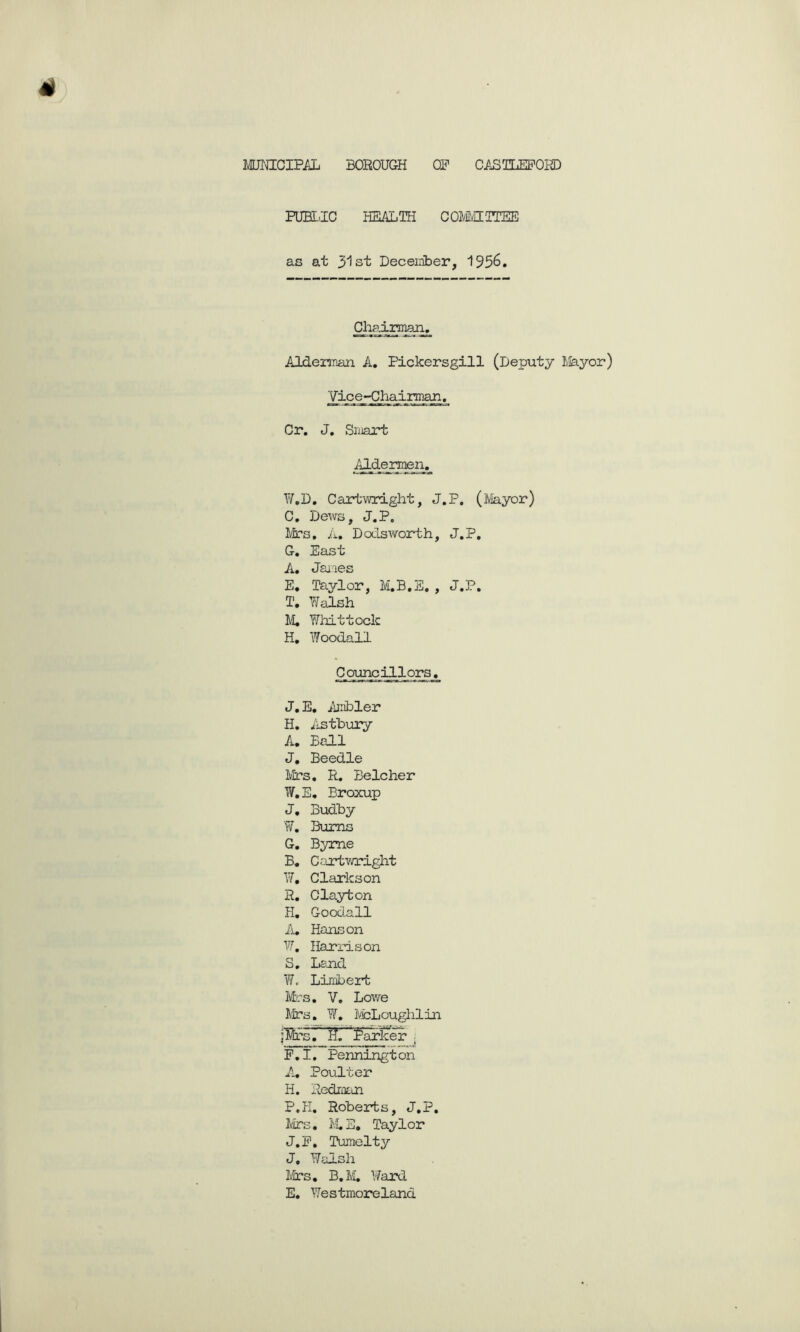 lUICECIPitti BOROUGH OP Ci^IILEPOKD FUBi.IC HEALTH COMvHTTEE as at 3'lst Deceiiiber, 1956. Clagdraiajnj_ Aldeirman A, Pickersgill (Deputy l&yor) Vice-Chairman, Or, J. Sniajrt Y/,D. Cartwright, J.P, (iVIayor) C, Dews, J.P. IVIrs. A. Dcxlsworth, J.P, G. East A, Janes E, Taylor, M.B.E. , J.P. T. Y/alsh ]VI, Y/hittock H, Woodall J.E. Ambler H. iistbury A. Ball J, Beedle IVIrs, R. Belcher W, E, Broxup J, Budby W, Bums G. Byrne B. C;irtwright W, Clarkson R, Clayton H, Goodall A, Hanson W, Harrison S, Len-d W. Linibert Mcs, V. Lowe ]\']rs, W, IVicLoughlin jWs. M. tarS^ ^ P.I. Pennington Ai, Poult er H. Redman P.H, Roberts, J.P, IVirs, Ii,E, Taylor J.P, Tumelty J. Walsh Iviirs, B.M, Ward E, Westmoreland