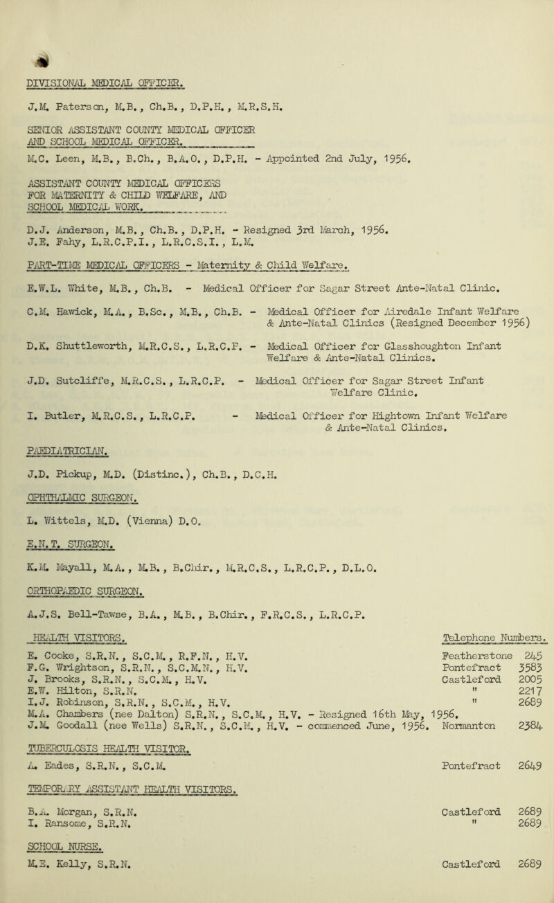 DIVISIONAL MEDICAL OR^^ICER J,M, Paters cn, M,B,, Ch.B,, D.P.H. , M.R,S,H. SENIOR /ASSISTANT COUNTY IvEDICAL OPPICER AND SCHOOL MICAL OET'ICER. M.C, Leen, M,B,, B.Ch., B.A.O., D.P.H. - Appointed 2nd July, 1956. ASSISTMT COUNTY IvIEDICAL QPPICERS FOR WiTERNITY & CHILD V/ELBUIRE, AND SCHOOL MEDICilL WORK. D. J. ilnderson, M.B. , Ch.B., D.P.H. - Resigned 3rd I'iarch, 1956. J.E. Pahy, L.R.C.P.I., L.R.C.S.I. , L.M. PiiRT-TIME MEDICAL OFFICIRS__- Ifetemity & ClrU-d^Jfe]j*axe. E. W.L. T/hite, M.B. , Ch.B. - Medical Officer for Sagar Street Ante-Natal Clinic. C. M. Hawick, M.A. , B.Sc,, M.B. , Ch.B. - Miedical Officer for Airedale Infant Vifelfare & iinte-Natal Clinics (Resigned December 1956) D. K, Shuttleworth, i'uR.C.S., L.R.C.P. - Medical Officer for Glasshoughton Infant Welfare & Ainte-Natal Clinics. J.D. Sutcliffe, M.R.C.S. , L.R.C.P. - Medical Officer for Sagar Street Infant Welfare Clinic, I, Butler, M.R,C.S,, L.R.C.P. - I/fedical Officer for Hightown Infant Welfare & Ante-Natal Clinics, PifflDIATRIClAN. J. D, Pickup, M.D. (Distinc,), Ch.B., D.C.H. OPHTHiXMHC SURGEON. L, Y/ittels, M,D, (Vienna) D,0. E.N.T. SURGEON. K. M. Mayall, M.A. , M,B. , B.Chir,, IvLR.C.S,, L.R.C.P., D.L.O. ORTHOPiiEDIC SURGEON. A.J.S. Bell-Tawse, B.A., M.B. , B.Chir., P.R,C.S., L.R.C.P. flEiXTH VISITORS. Telephone Nutribers, E. Cooke, S.R.N. , S.C.M. , R.P.N. , H.V. Featherstone 245 F.G, Wrightson, S.R.N., S.C.M.N. , H.V. Pontefract 3583 J. Brooks, S.R.N., S.C.M., H.V. Castleford 2005 E.W. Hilton, S.R.N. It 2217 I.J. Robinson, S.R.N., S.C.M., H.V. It 2689 M,A, Chambers (nee Dalton) S.R.N., S.C.M,, H,V, - Resigned l6th Mlay, 1956. J.M, Goodall (nee V/ells) S.R.N., S.C.M,, H.V, - comraenced June, 1956, Normanton 2384 TUBERCULOSIS HE/iTH VISITOR. fx. Eades, S.R,N. , S.C.MI, Pontefract 2649 TElvIPOIb.RY iiSSIST/iNT HEilLTH VISITORS. B.Ai. Morgan, S.R.N, Castleford 2689 I, Ransome, S.R.N. II 2689 SCHOOL NURSE.