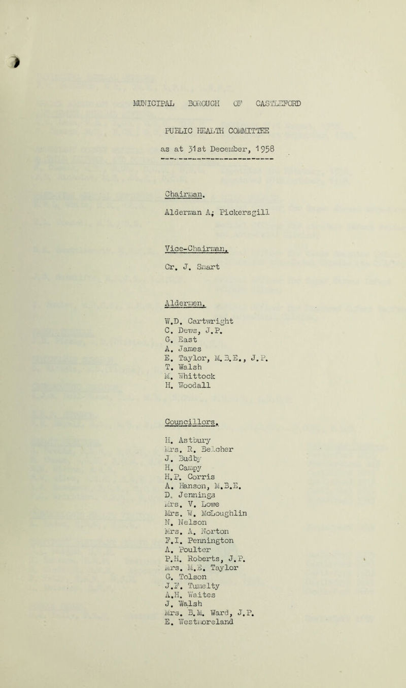 PUELIC HEM.-TH COiWITPEIE as at December, 1958 Chairman. Alderman A; Pickersgill Vice-Chairman. Cr, J. Srrjart Aldermen. v7.D. Carteright C. Dens, J.P, G. East A. James E, Taylor, M. 3.E,, J.P. T, Yifalsh M, Yi/'hittock H. Vfoodall Councillors. H. Astbury Iij:'s. R, Belcher J. Budby H. Campy H. P. Corris A, ilanson, M.B.E, D, . Jennings ivirs, V, Lone Ivirs. R, McLoughlin N, Nelson Mrs, A. Norton P.I. Pennington A, Poulter P.H. Roberts, J.P. mrs, M.E, Taylor G. Tolson J.P, Tumelty A.H. vTaites J, ifiialsh Mrs, B.Ivl, Ward, J.P, E, Y/estmoreland