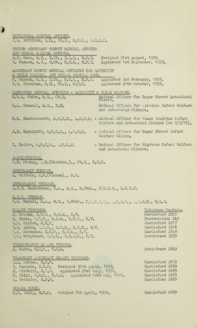 DIVISIONAL MEDICAL OFFICER. J.k. PALIRSaNf, k.B., Ch.3., D.P.II. , L.R.S.II SILNIOR ASSISTAIW COUNTY 1/EDIGzlL OIPICER AND SCHOOL II.DIGAL OPFIOER. Ivi.C. Leen, 11,5., 3,Ch,, B,x\,0., D,P. H. Resigned 31 st August, 1958. N, Cusaok, M, 3., 3,Ch,, D.C.H, , D.P. H. Appointed 1st September, 1958, ASSISlViNT COUNTY IvIEDIC/lL OFPICERS FOR MTERNITY & CKnA) VRIPiiEiE. iVro SCIiOOL 1\RDICAL WORK. N, Cusack, 11,3,, 3.Ch., D.C.H., D.P.H. Appointed 3rd February, 1958. P. 0. Nicholas, M. 3. , Gh,3., D.C.H, Appointed 20th October, 1958, PjIRT-TLVIE IviEDICiUj OFFICERS - MATERNITY cS: CHETD Yd]LP;.RE E,V».L, Vfhite, M.3., Ch,3, E,A, Connell, M. 3. , 3,S, D.K. Shuttlev’orth, M.R.C.S., L.R.C.P. - J.D. Sutcliffe, M.R.C.S,, L.R.C.P. I, Butler, M.R.C.S,, L.R.C.P, P.iEDIATPJCLlN. J. D, Piclcup, m.D. (Distinc,)., Ch,3, , D, OPHTHiLIvEEC SURCEy. L. Rittels, i^.D,(Vienna)., D.O. ORTHOPiiEDIG SURGEON. A.J.S. Bell-Ta\ise, 3,A,, M.B., B.Ghir,, Medical Officer for Sagar Street Ante-Natal Clini.G. Medical Officer for ^'iLiredale Infant Welfare and Ante-Natal Clinics, Medical Officer for Glass Houghton Infant Welfare and juite-Natal Clinics (to 7/3/58), Medical Officer for Sagar Street Infant Welfare Clinic, Ivjedical Officer for Hightovm Infant Welfare and Ante-Natal Clinics, .H. F.R.C.S., L.R.C.P. S.N.T. SURGEON. May all, M.A,, M, B., B.Ghir., F. O • } —. R. C, P,, D, L, 0, HE.ILTH \rrsiT0RS. J. Brooks, S.R.N., S.C.M., H.V. E. Cooke, S.R.N. , S.C.M., R.F.N., H.V. E, V>‘. Hilton, S.R,N, 3.M. iailes, ''.R.N. , S.C.M,, R.F.N., H.V, I.J. Robinson, S.R.N., S.C.M., H.V. F. G. Wrightson, S.R.N., S.C.M.N. , H.V. Telephone Numbers. Castleford 2005 Featherstone 2A5 Castleford 221? Castleford 3216 Castleford 26b9 Pontefract 3583 TUBERCULOSIS HEILTH VISITOR. A. Eades, S.R.N., S.C.M. Pontefract 2649 TEi'YPORLiRY ArJSIST.uNT HEALTH VISITORS. 3.A. Morgan, S.R.N, I, Ransome, S.R.N, Resigned 30th April, 1958, E. Cledhill, S.R.N, Appointed 2lst July, 1958. D. Nelly, S.R.N., S.C.M. Appointed 12th May, 1958. L, Whiteley,. S.R.N. Castleford 2689 Castleford 2689 Castleford 2689 Castleford 2689 Castleford 2689 SCHOOL NURSE. M.E. Nelly, S.R.N. Retired 7th April, 1958. Castleford 2689