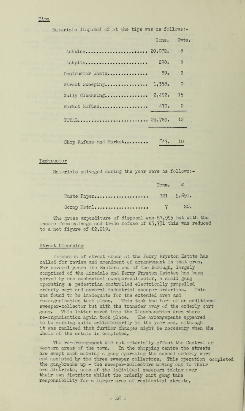 Tips Materials disposed of at the tips was as follows;- Tons. Cwts. Ashbins 8 Ashpits 5 Destructor Waste 2 Street Sweeping 0 Gully Cleansing 15 Market Refuse 2 TOTAL 12 Shop Refuse and Market r*l. 10 ledtruetor Materials salvaged during the year were as follows:- Tons. £ Waste Paper. 721 5 , 691. Scrap Metal 7 20. The gross expenditure of disposal was £7,955 hut with the income from salvage and trade refuse of £5,731 this was reduced to a net figure of £2,219. Street CleansinFg Extension of street areas at the Ferry Fryston Estate has called for review and amendment of arrangement in that area. For several years the Eastern end of the Borough, largely comprised of the Airedale and Ferry Fryston Estates has been served by one mechanic,al sweeper-collector, a small gang operating a pedestrian controlled electrically propelled orderly cart and several industrial sweeper orderlies. Thi3 was found tc be inadequate for the extended area and re-organisation took place. This took the form of an additional sweeper-collector but with the transfer away of the orderly cart gang. This latter moved into the G1 a sshoughton Area where re-organisation again took place. The arrangements appeared to be working quite satisfactorily at the year end, although it was realised that further changes might be necessary when the whole of the estate is completed. The re-arrangement did not materially affect the Central or Western areas of the town. In the shopping centre the streets are swept each morning a gang operating the second orderly cart and assisted by the three sweeper collectors. This operation completed the gangbreaks up - the sweeper-collectors moving out to their own districts, some of the individual sweepers taking over their o?m districts whilst the orderly cart gong take responsibility for a larger area of residential streets.