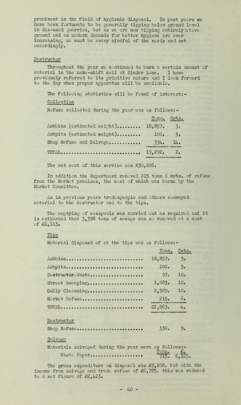 prominent in the field of hygienic disposal. In past years we have been fortunate to be generally tipping belov; ground level in dis-used quarries, but as we are now tipping entirely above ground and as modern demands for better hygiene are ever increasing, we must be every mindful of the needs and act accordingly. Destructor Throughout the year we continued to burn a. certain amount of material in the make-shift cell at Cinder Lane. I have previously referred to its primitive nature and I look forward to the day when proper apparatus will be available. The following statistics will be found of interest Collection Refuse collected during the year was as follows Tons. Cwts. Ashbins (estimated weight) 18,857. 3» Ashpits (estimated weight) 100. 5. Shop Refuse and Salvage 334. 14. TOTAL 19,292. 2. The net cost of this service was £30,206. In addition the department removed 215 tons 6 cwts. of refuse from the Market premises, the cost of which was borne by the Market Committee. As in previous years tradespeople and others conveyed material to the destructor and to the tips. The emptying of cesspools was carried out as required and it is estimated that 3,398 tons of sewage was so removed at a cost of £1,113. Tips Material disposed of at the tips was as follows: - Tons. Cwts. Ashbins Ashpits......... De structor.Waste Street Sweeping. Gully Cleansing. Market Refuse... TOTAL Destructor Shop Refuse 18,857. 3. 100. 3. 97. 10. 1,083. 10. 2,509. 10. 215. 6. 22,863. 4. 04 Oi •° 9. Materials salvaged during the year were as follows:- Tons. £. Waste Paper “7X5T 6,125. The gross expenditure on disposal was £9,208. but with the income from salvage and trade refuse of £6,785. this was reduced to a net figure of £2,423*