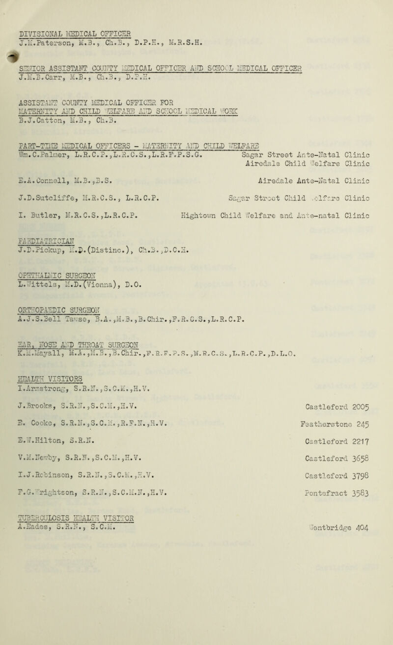 PIVISIOML I'EBDICAL OFFICER J.I'i.Paterson, M.B., ClioB., P.P.H., MoR.S.H. S’:;:TIQR assistant CQUITTY LISPICAL OFFICSR AITP SCHOCL HgPICAL officer J.M.B.Carr, M.B., Ch.3., D.PoII. ASSISTAIIT C0UWC?Y liSBICAL CFPICEH FOR LCATBRRITY ARP CHILD ^TFLFARB AITP SCFIQOL LiFDICAL WORK B.J.Catton, M.B., Cli.3. FART-TUB Ij^BICAL QFFIC5RS - lilATFRlIITY AIIB CHILB VSLFARZ! Wrn. C.Palner, L.R.C.P. ,L<.R.C.S. ,L.RoFoP.S.G. Sagar Street Ante-rlatal Clinic Airedale Child 'lelfare Clinic S.A. Connell, Id.B.jB.S. Airedale Ante-iTatal Clinic J.D.Sutcliffe, n.R«C.S., L.R.CoP. Sagar Street Child <olfr.ro Clinic I. Butler, MoR. C.S. ,L.R. C.P. Hightov/n Child Welfare and Ante-natal Clinic FAFBIATRICIAIT J.I).Pickup, h.p. (Bistine.) , Ch.B. ^B.C.Ii. opi-itb;k.:ic suRcm L.'Cittels, Il.D. (Vienna), B.0. ORTHOPAFBIC SURGSOH A. J.3.Bell Tav/se, B.A. ,H.B. ,3. Chir. ,F.Ro C.S. ,L.R. C.P. IL^R, FOSB idlB THROAT SURGFOR K.h.Iiayall, M.A, ,Ii,E.‘,BrChir. ,F-R.F.P.S. .M-R-C-S. ,L.R.C.P. ,B.L.O. PBALTH VISITORS I. Armstrong, S.R.IT. ,3. C.Ivi, ,H. V. J. Brooks, S.R.IT. ,S.C.H. ,H.V. E. Cooke, S.R.H.jS.C.h.jR.F.R.,H.V, S.'I.Hilton, S.R.IT. V.Io.ITe’vhg, S.R.H, jS.C.li. ,H.V. I. J.Rcoinson, S.R.IT., S. C.M. ,H.V. F. G.■■■'rightson, S.R.IT. ,3.C.iI.lT. TUBERCULOSIS HIliL'ri VISITOR A.Fades, S.R.xT., S.C.L. 'Jentbridge 404 Castleford 2005 Featherstone 245 Castleford 221? Castleford 3658 Castleford 379^ Pontefract 3583